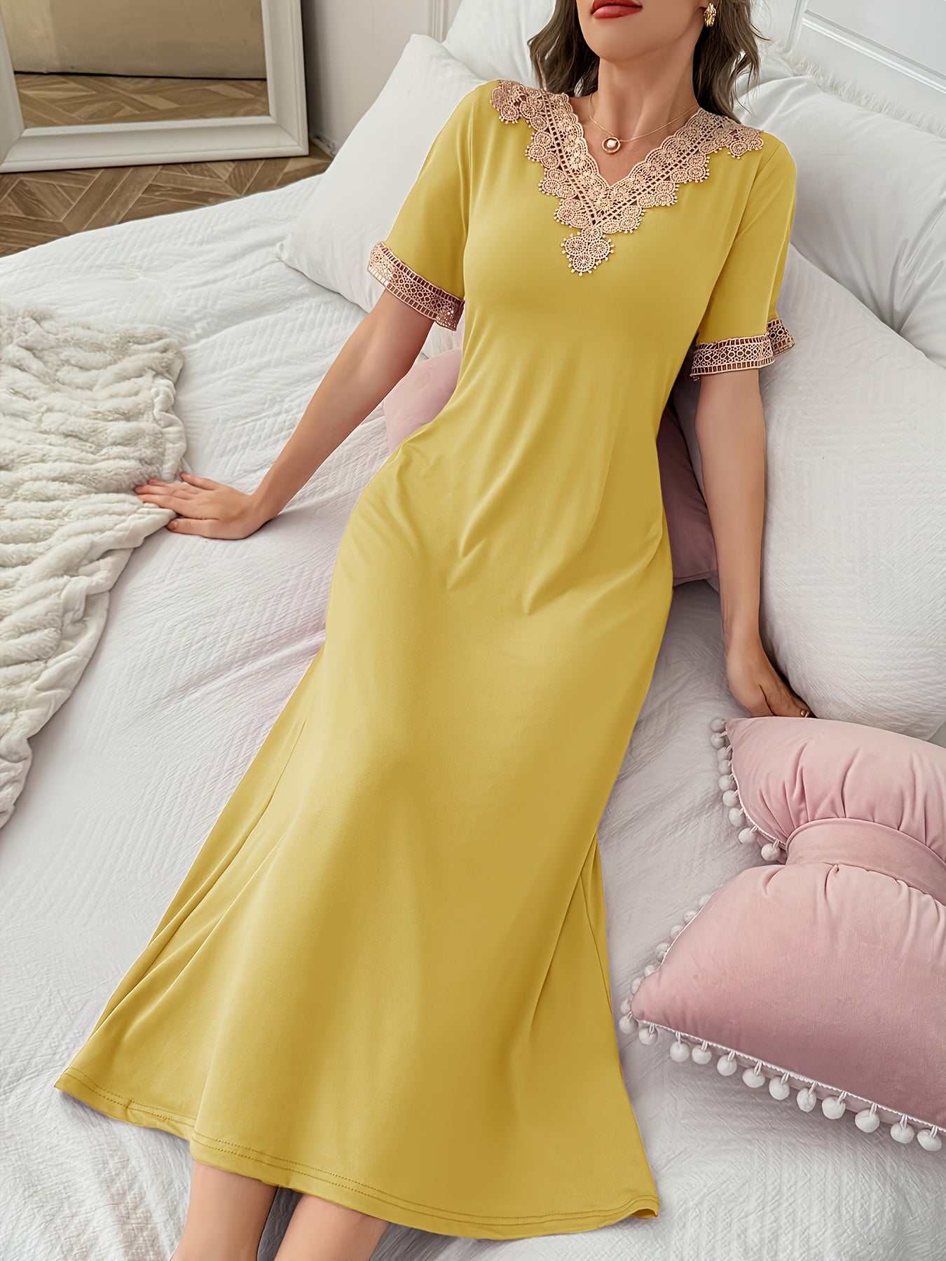 Long Contrast Lace Spliced Nightgown