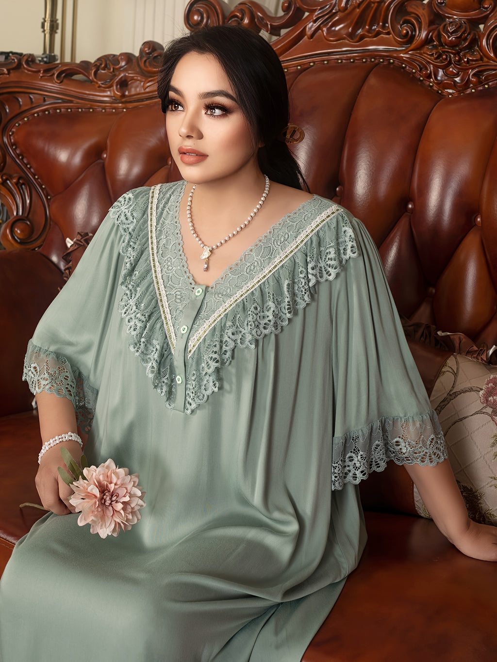 Plus Size Royal Style Nightgown - Long Sleeve V-Neck, Lace Detail, Light Green, Non-Stretch Fabric