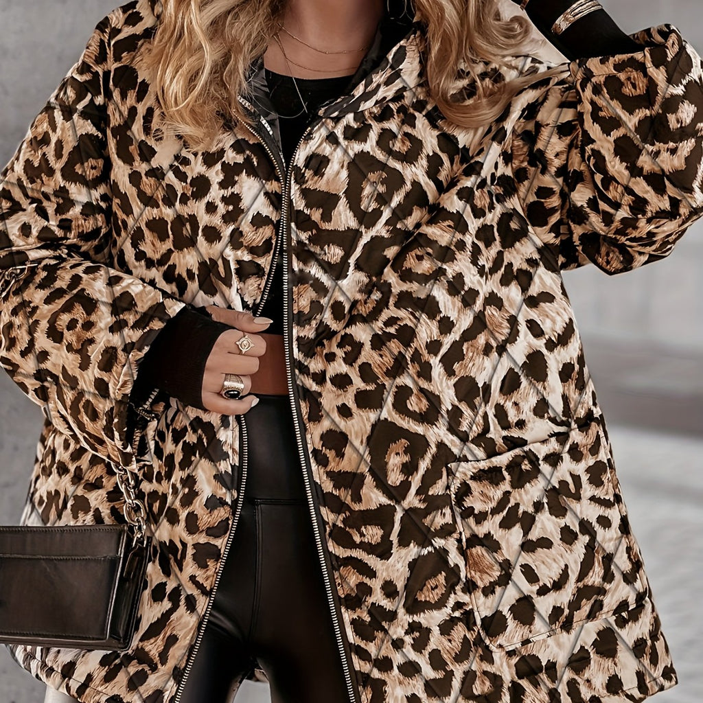 Plus Size Oversized Leopard Print (Brown/Black) Full-Zip Hooded Winter Jacket for Women
