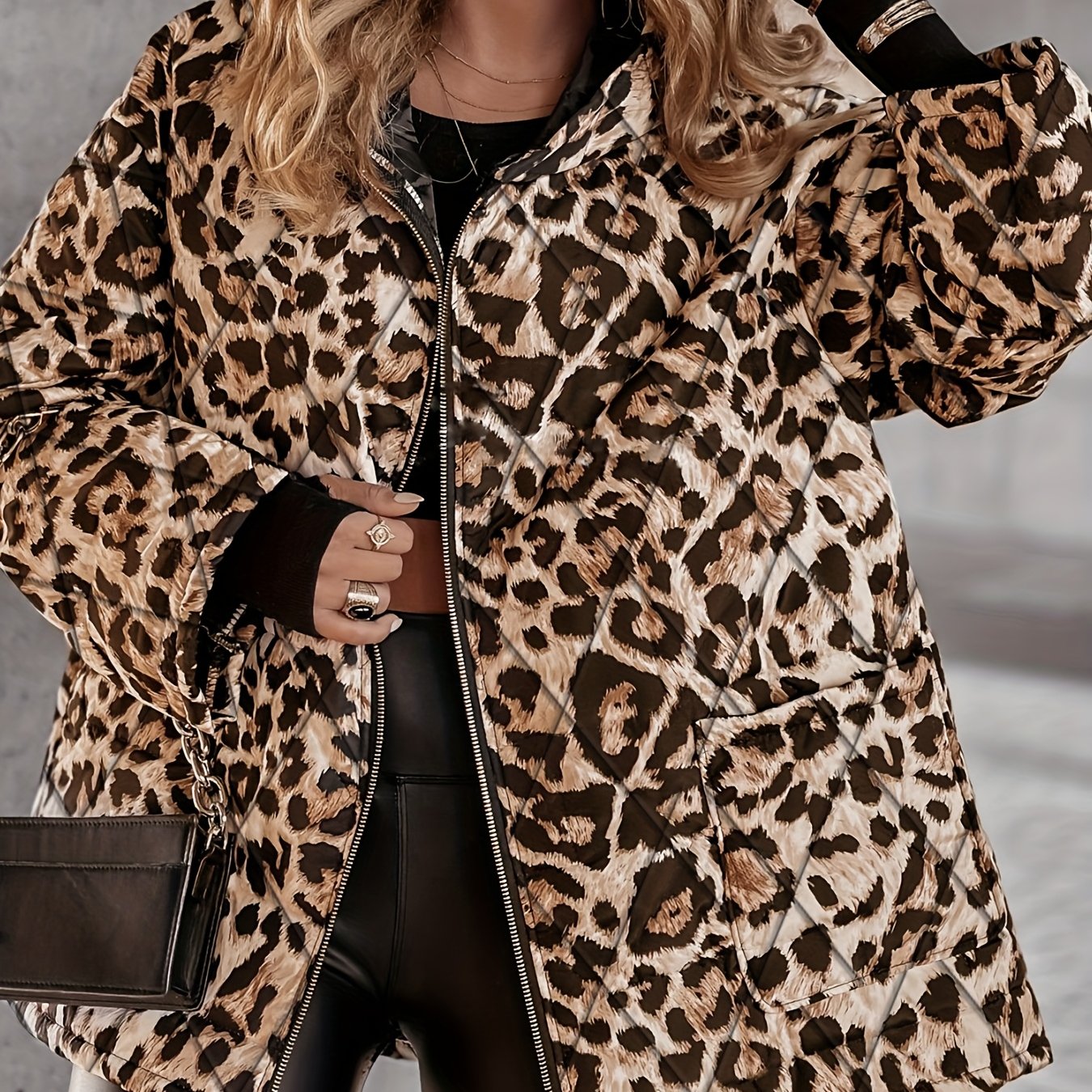 Plus Size Oversized Leopard Print (Brown/Black) Full-Zip Hooded Winter Jacket for Women