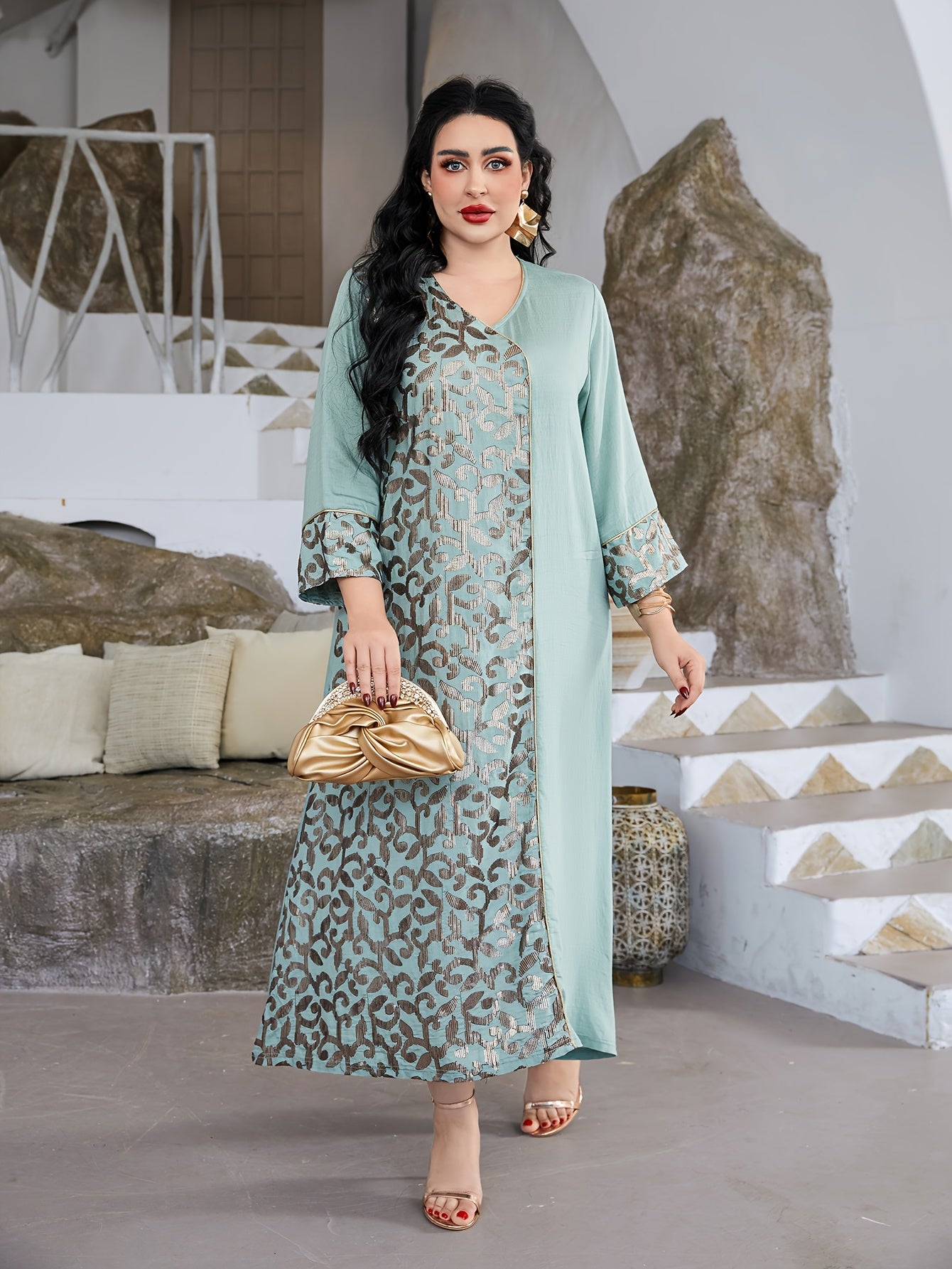 Oriental Elegant JALABIAV Dress with Asymmetrical Splice Design