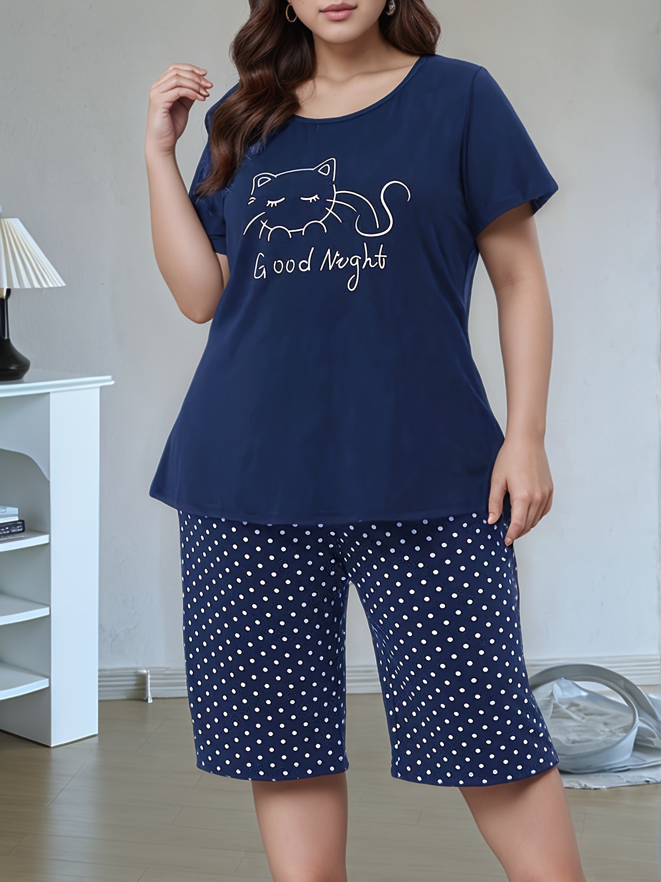 Summer Plus Size Women'S Casual Fashion Pajamas, Kitten Print, Comfortable Short Sleeve Shorts Set