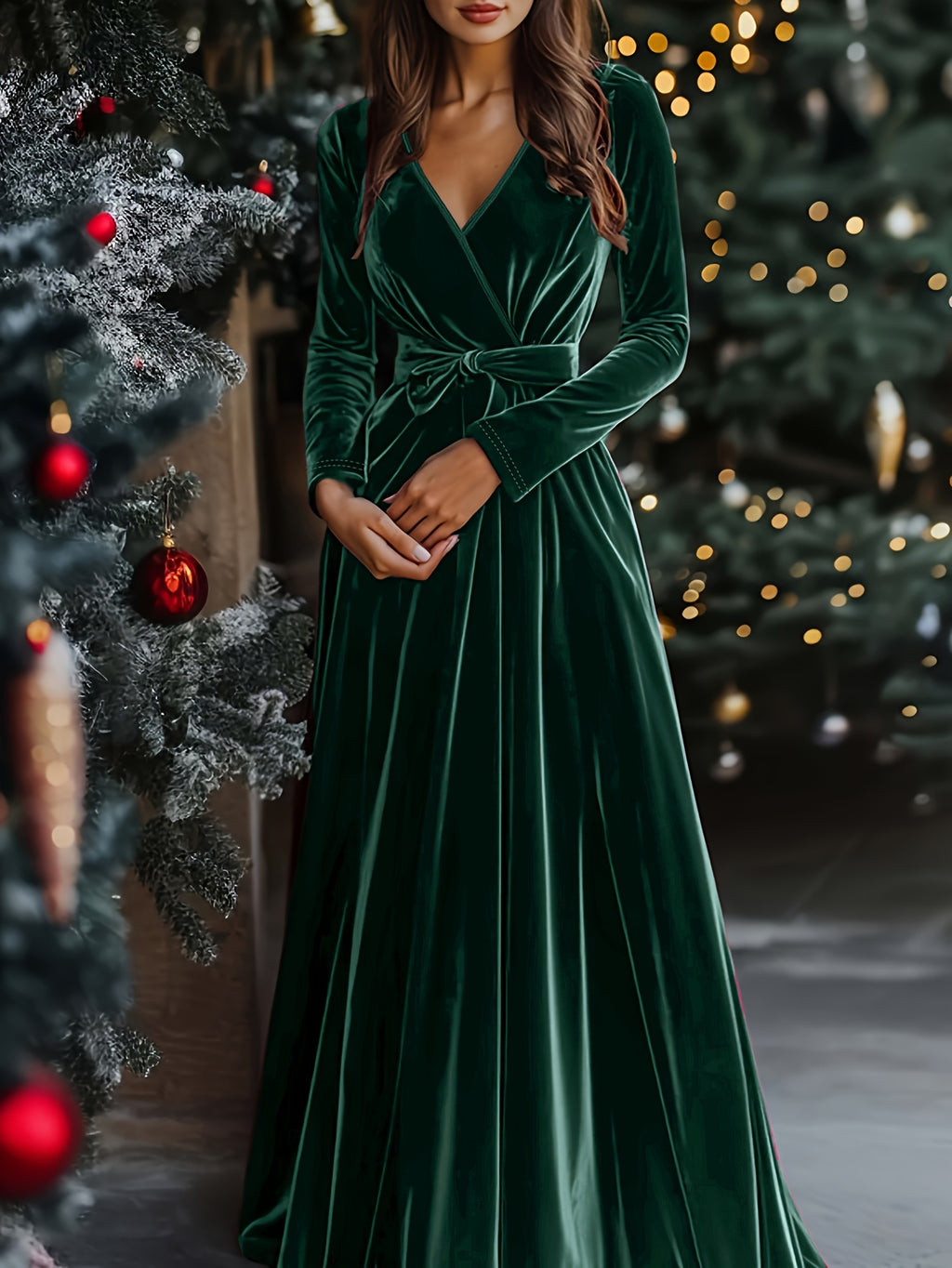 Women's Elegant Long Vintage V-Neck Dress with Belted Bow Christmas Day and all Party
