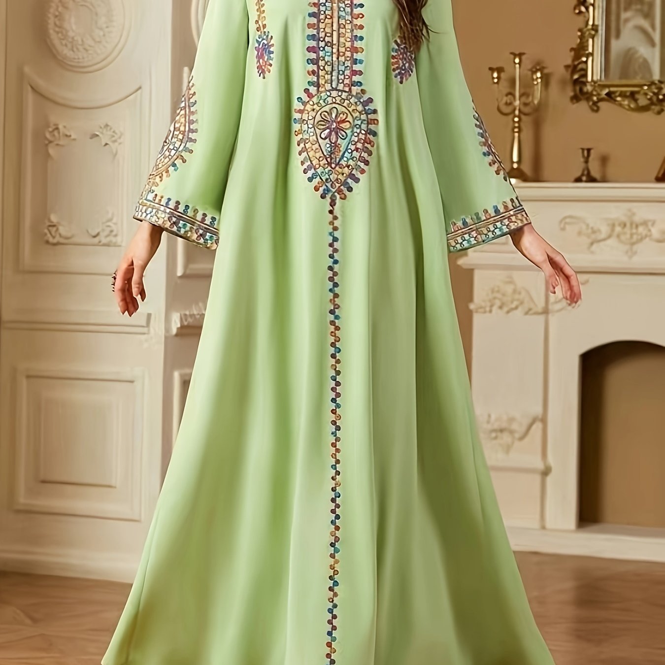 Elegant Middle Eastern-Style Long Dress with Intricate Designs