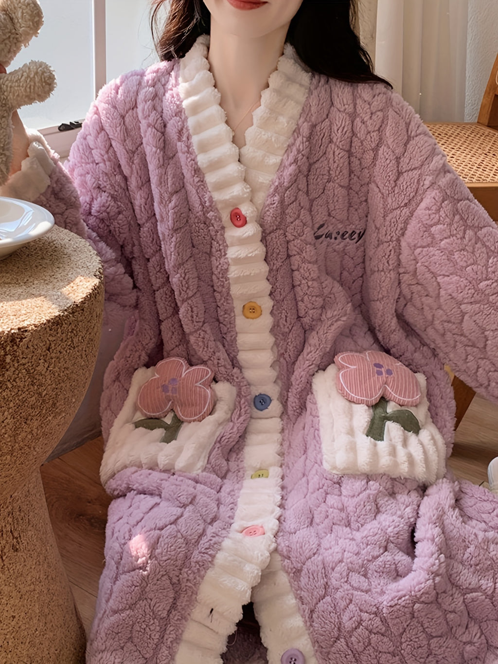 Cozy Coral Fleece V-Neck Long Sleeve Night Dress with Pockets - Plus Size Sleepwear