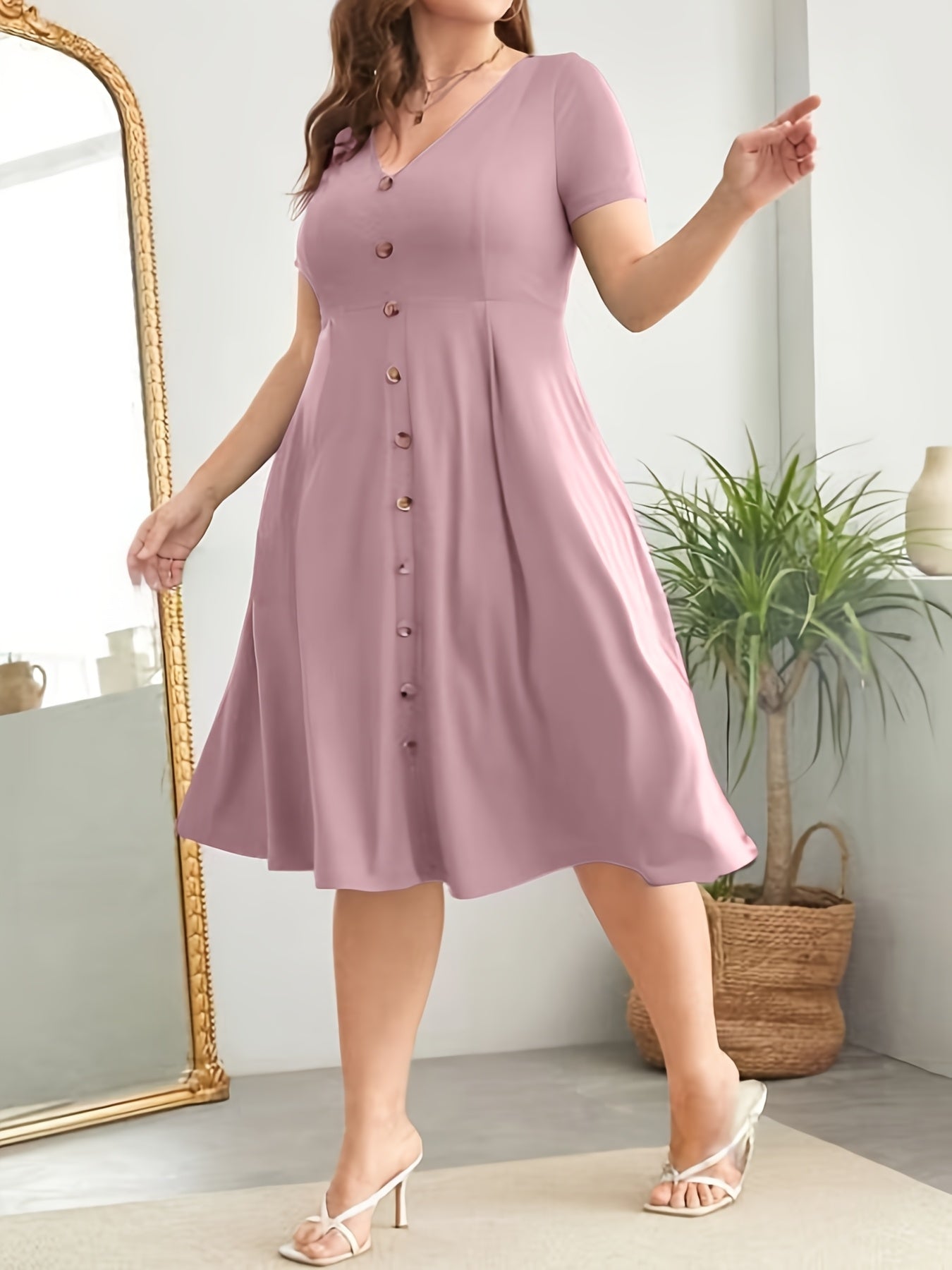 Elegant Plus Size V-Neck Dress with Button Details