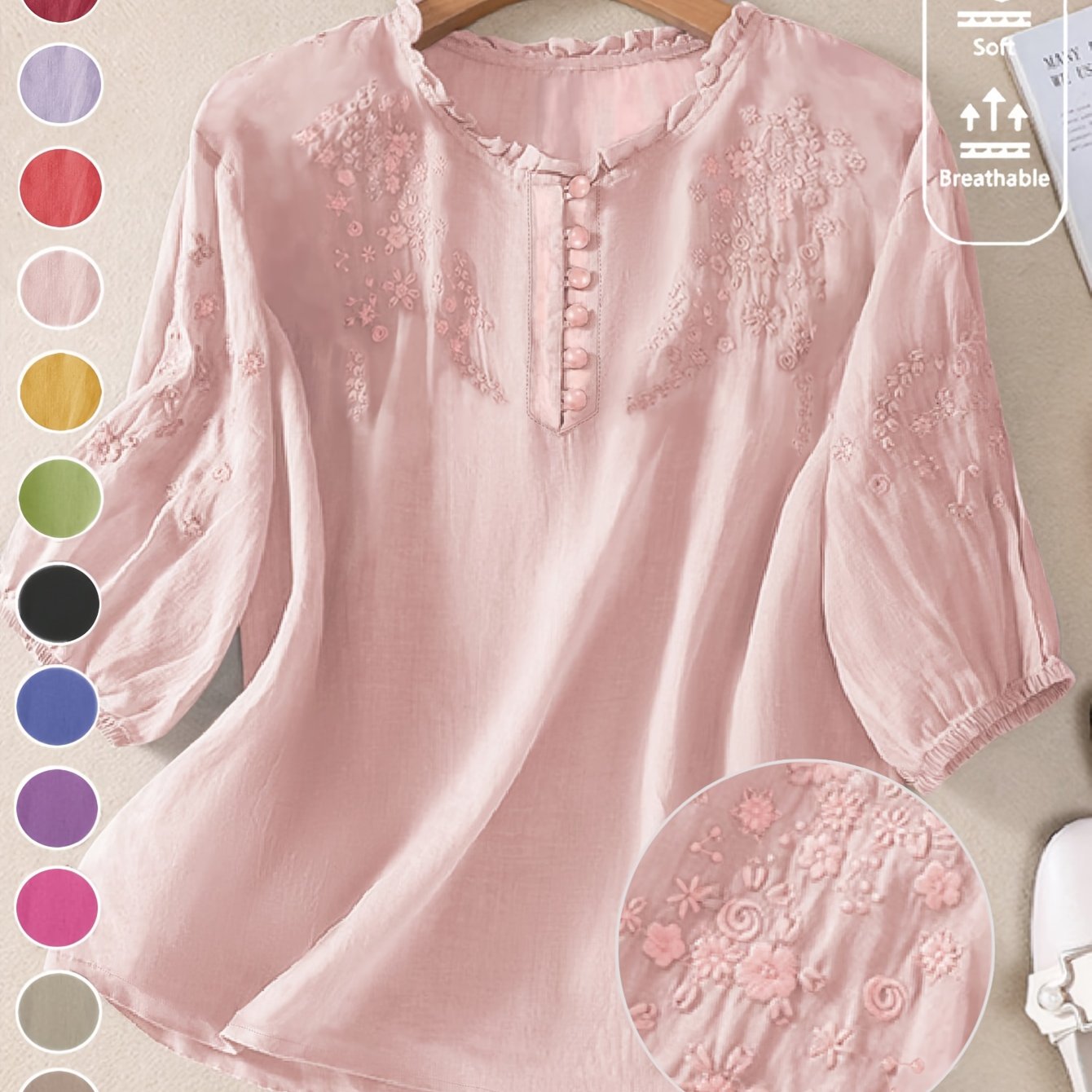 Women's Spring/Summer Embroidered Loose Fit Retro Mid-Sleeve Blouse