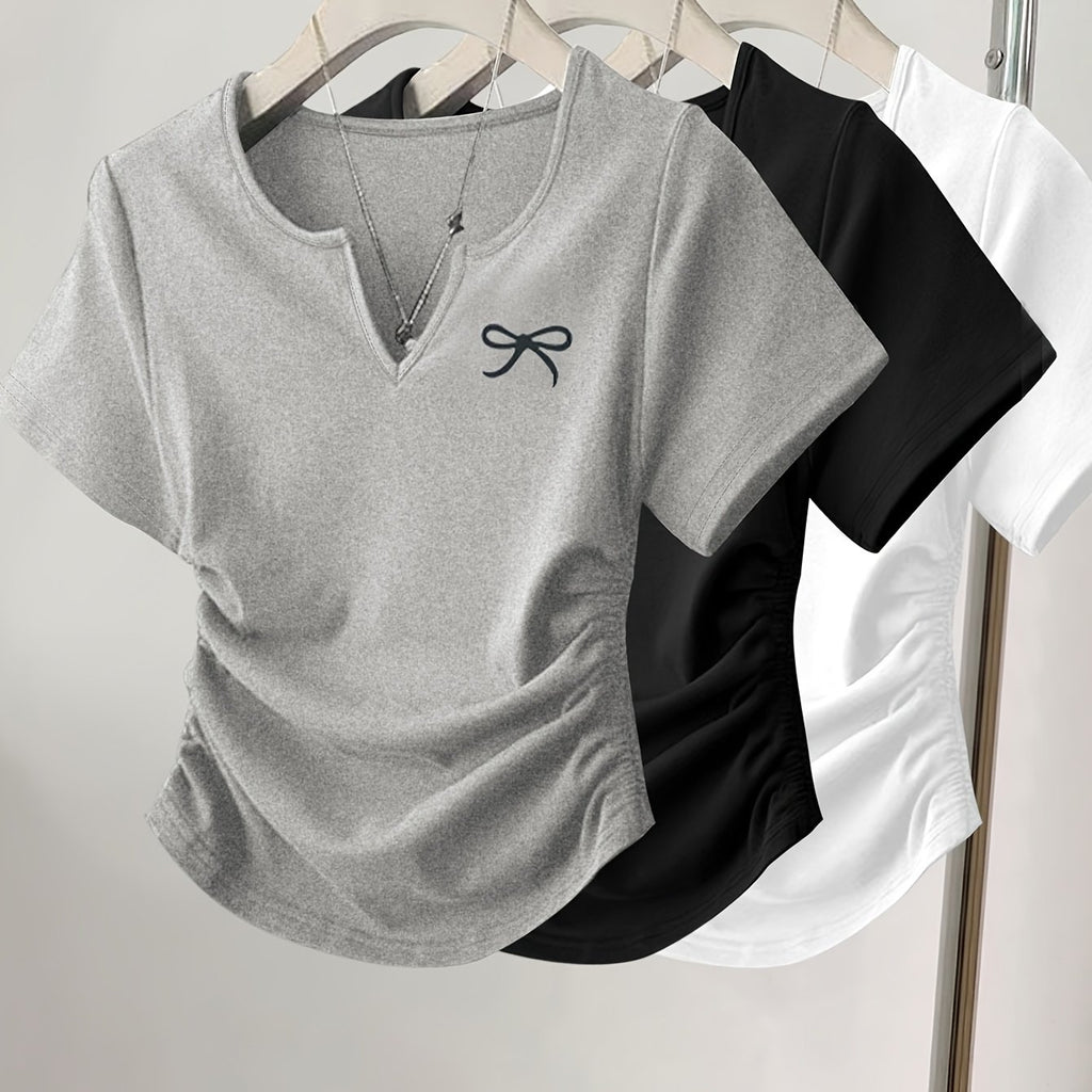 3pcs Women's Casual Fashion Slim Fit Bow Print Detail Solid Color