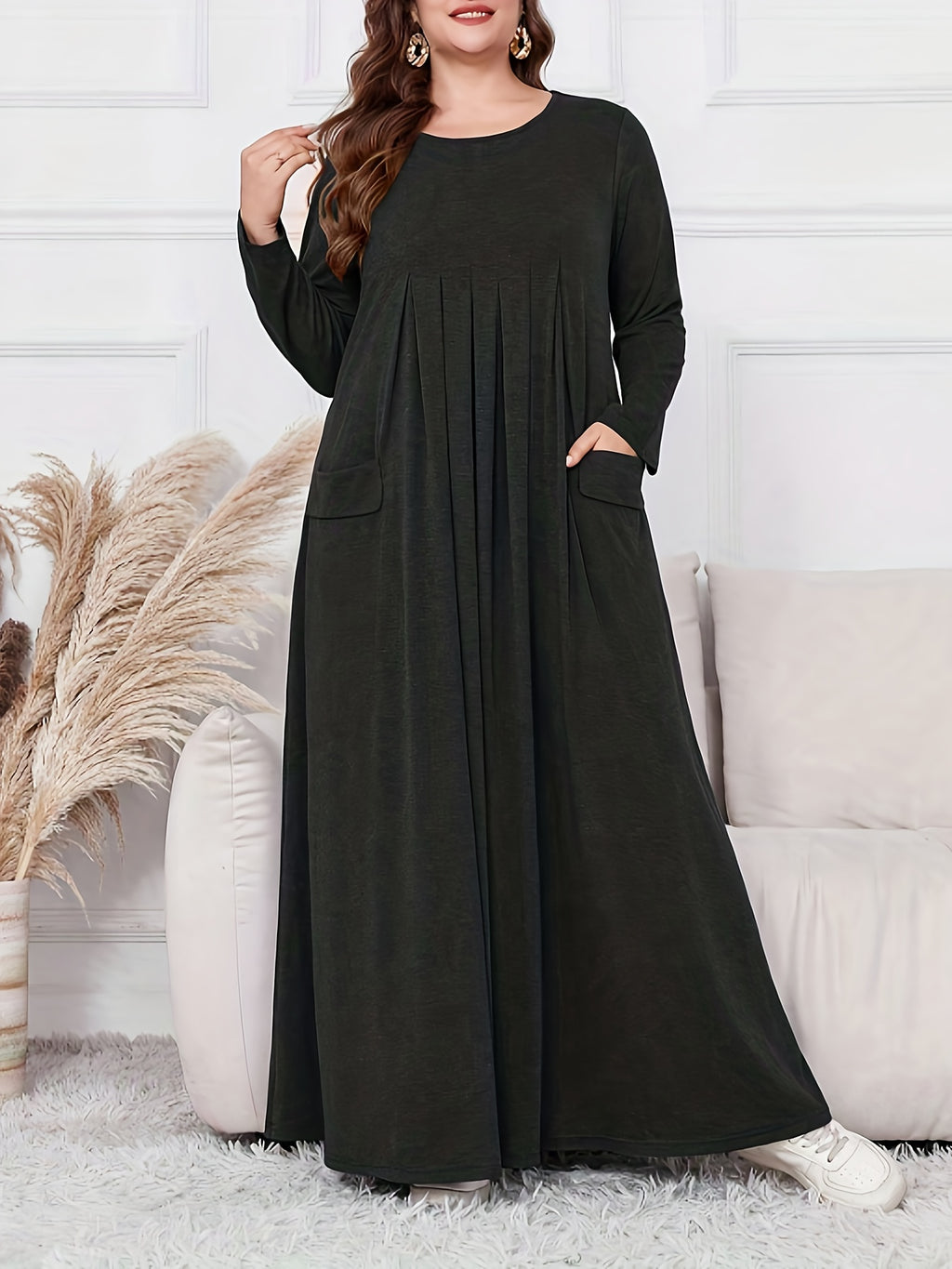 Elegant Plus Size Women's Long Sleeve Maxi Dress - Loose Fit