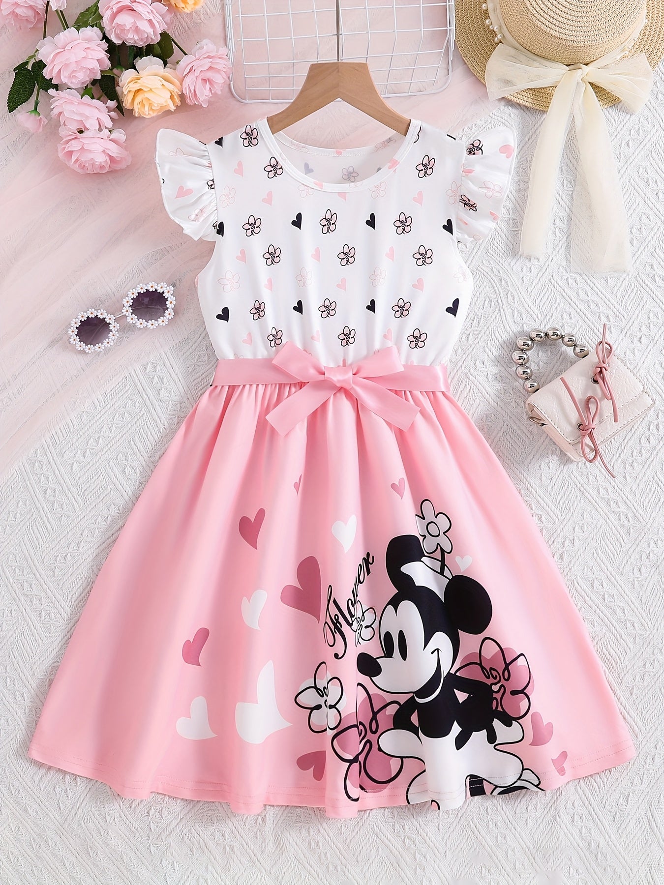 Summer Party Girls' Sweet Style Heart & Cartoon Mouse Print Dress