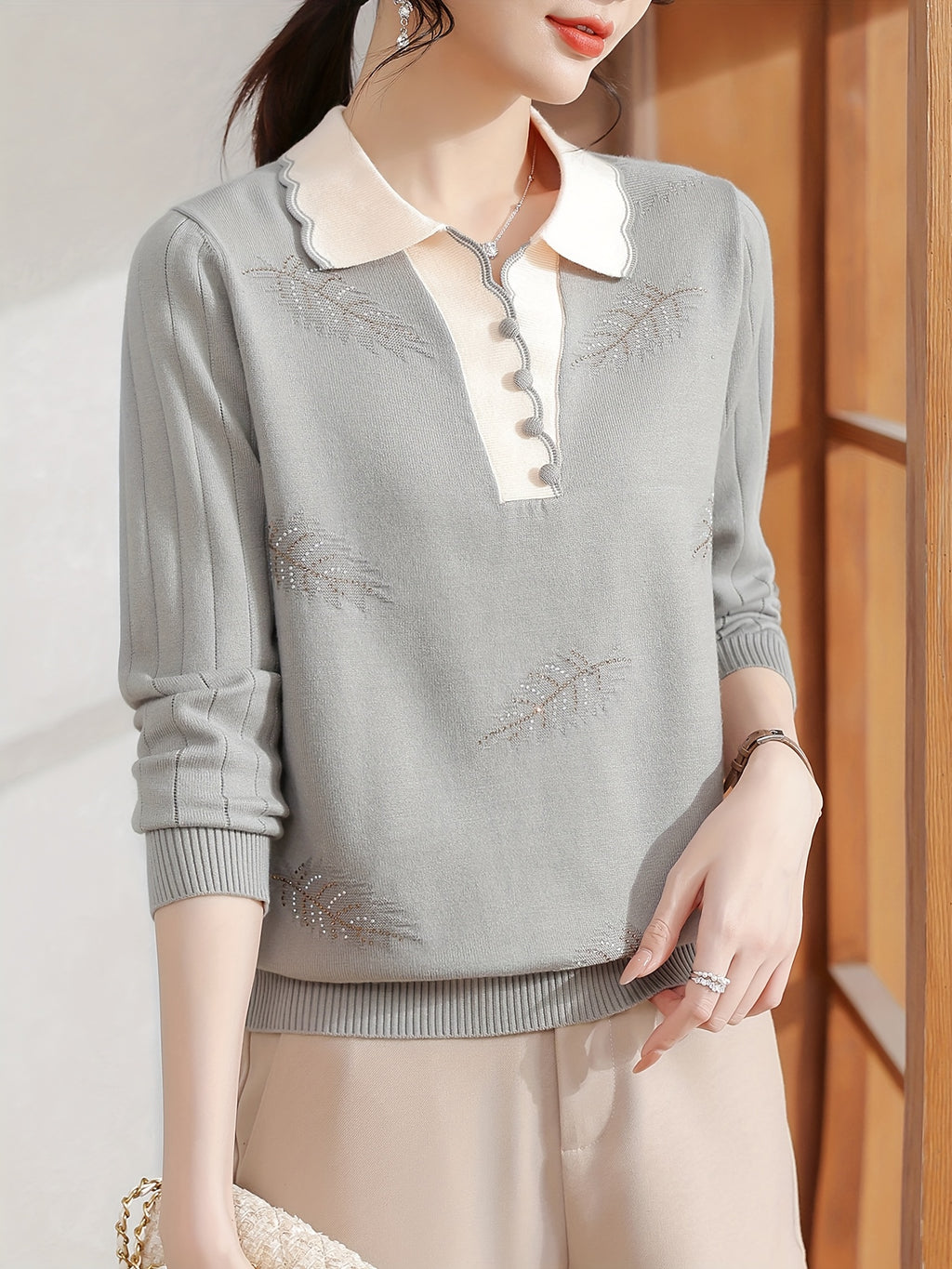 Women'S Elegant V-Neck Sweater - Lightweight Breathable Long Sleeve Blouse with Classic Collar