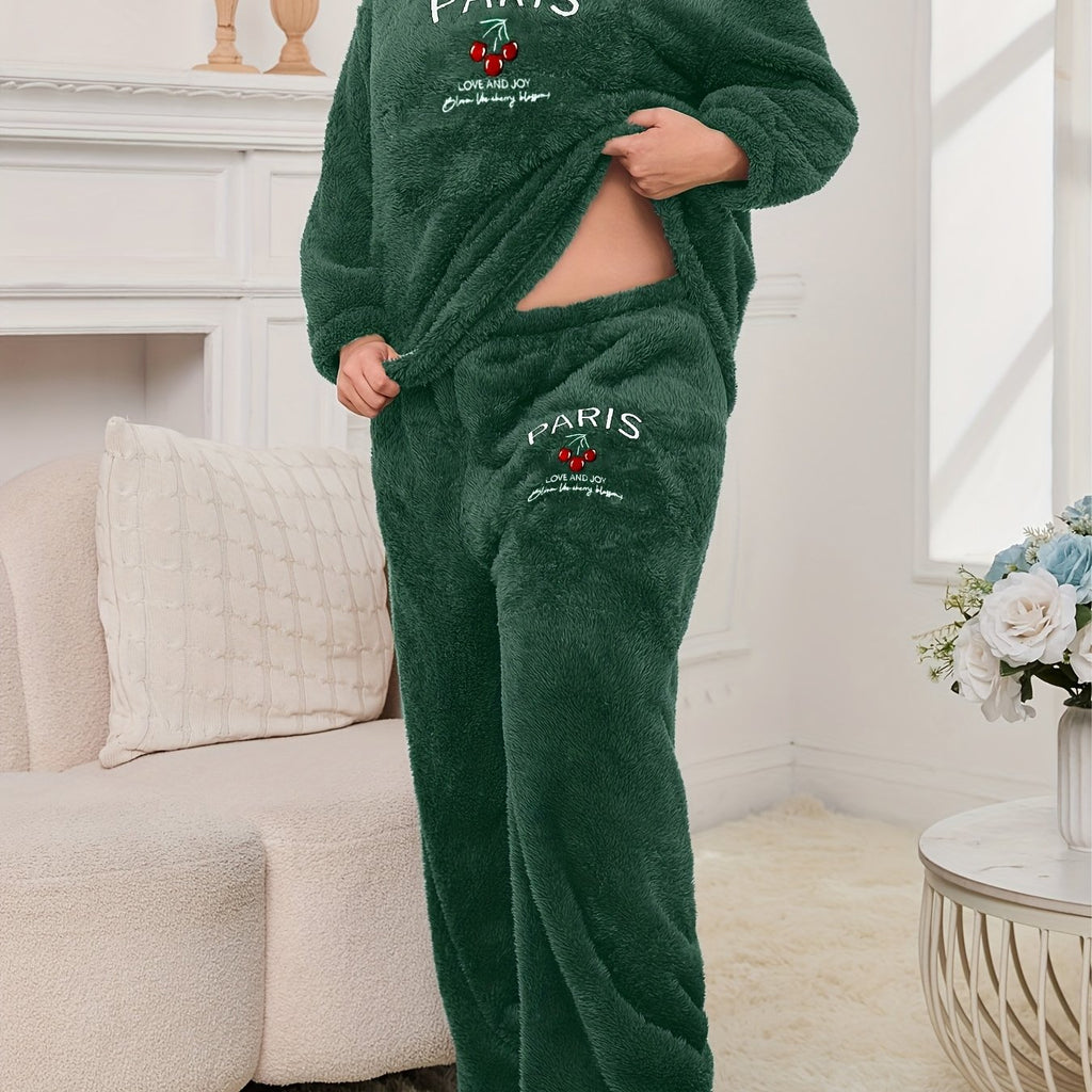 Women's Pajama Set with Letter and Cherry Print, Thickened Warm