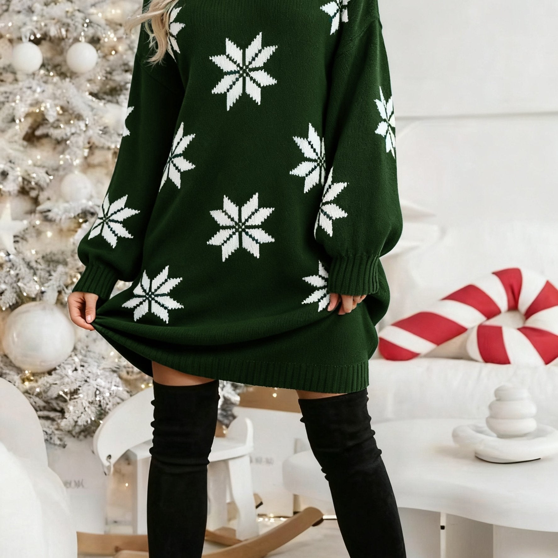 Red & White Snowflake Winter Dress Christmas Day Loose-Fit Poinsettia Smock Sleeve Mid-Length Dress