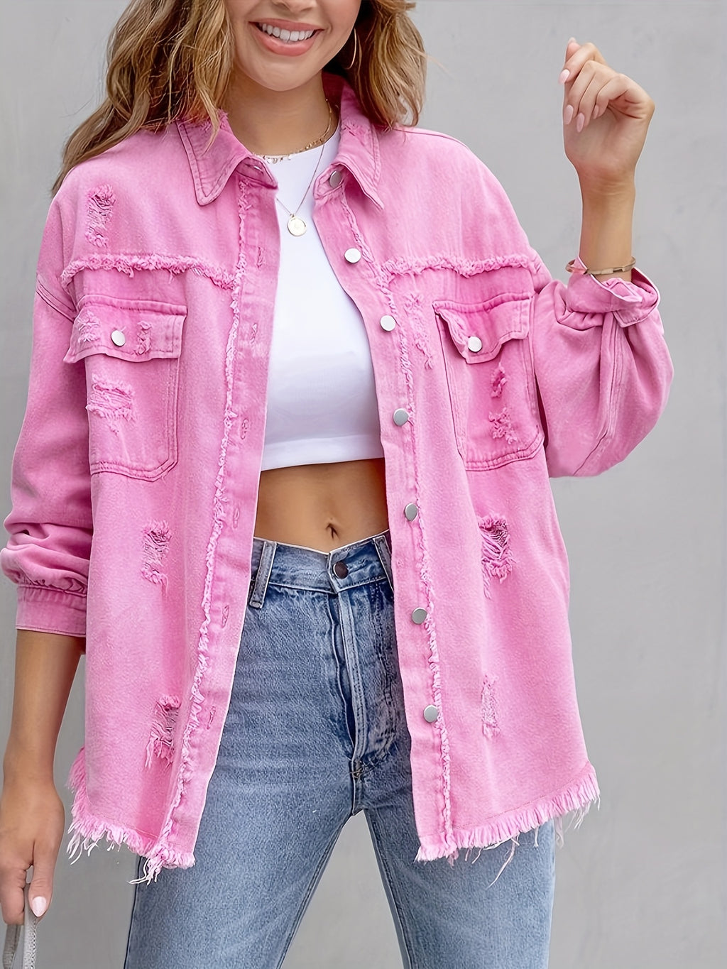 Casual Women's Pink Denim Long Shirt Jacket Perfect for Spring/Summer