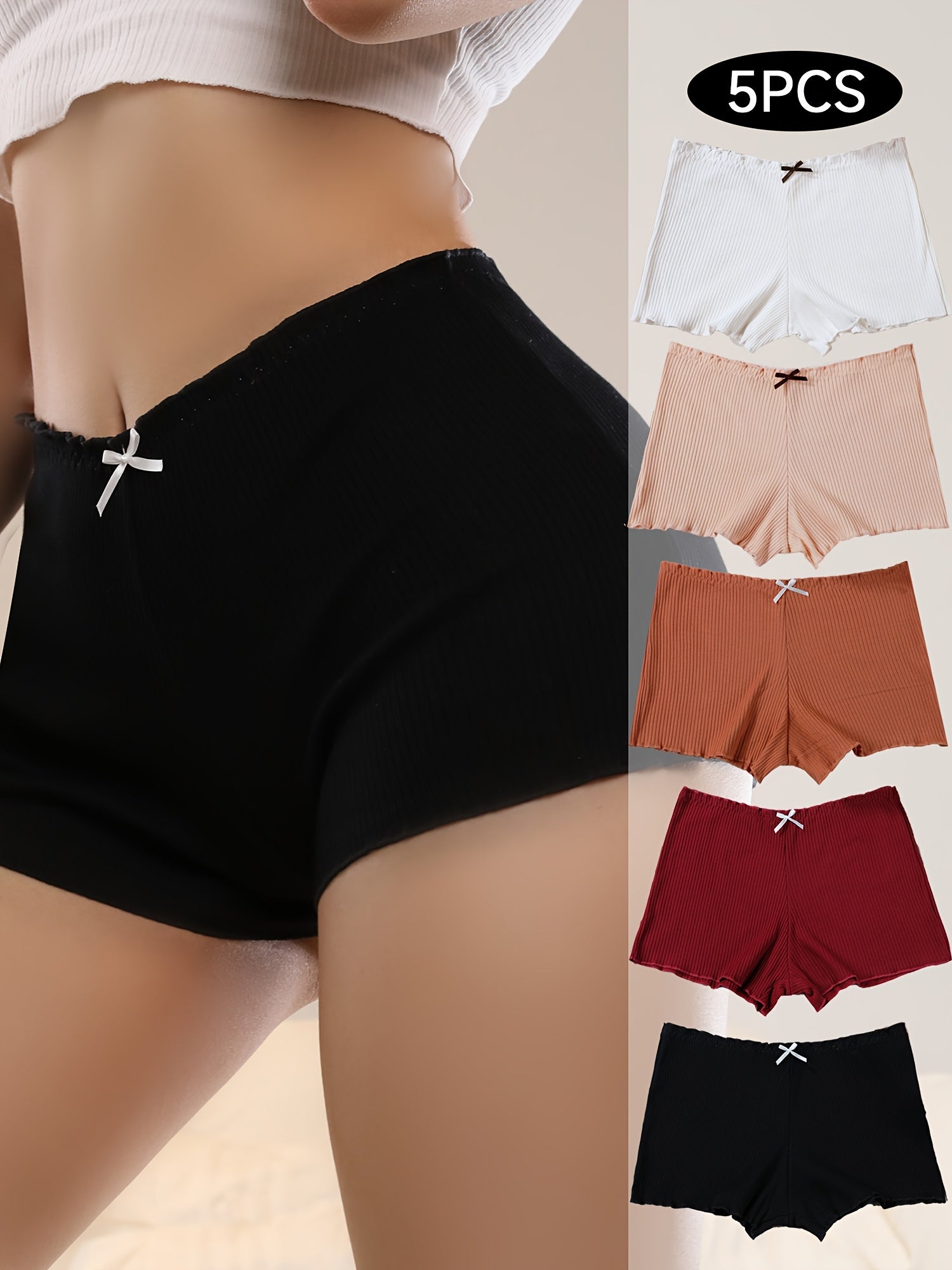 Set of 5 Women'S Base Layer Safety Shorts with Ribbed Texture, Comfortable, Bow Design, Skin-Friendly, Breathable for Autumn And Winter.