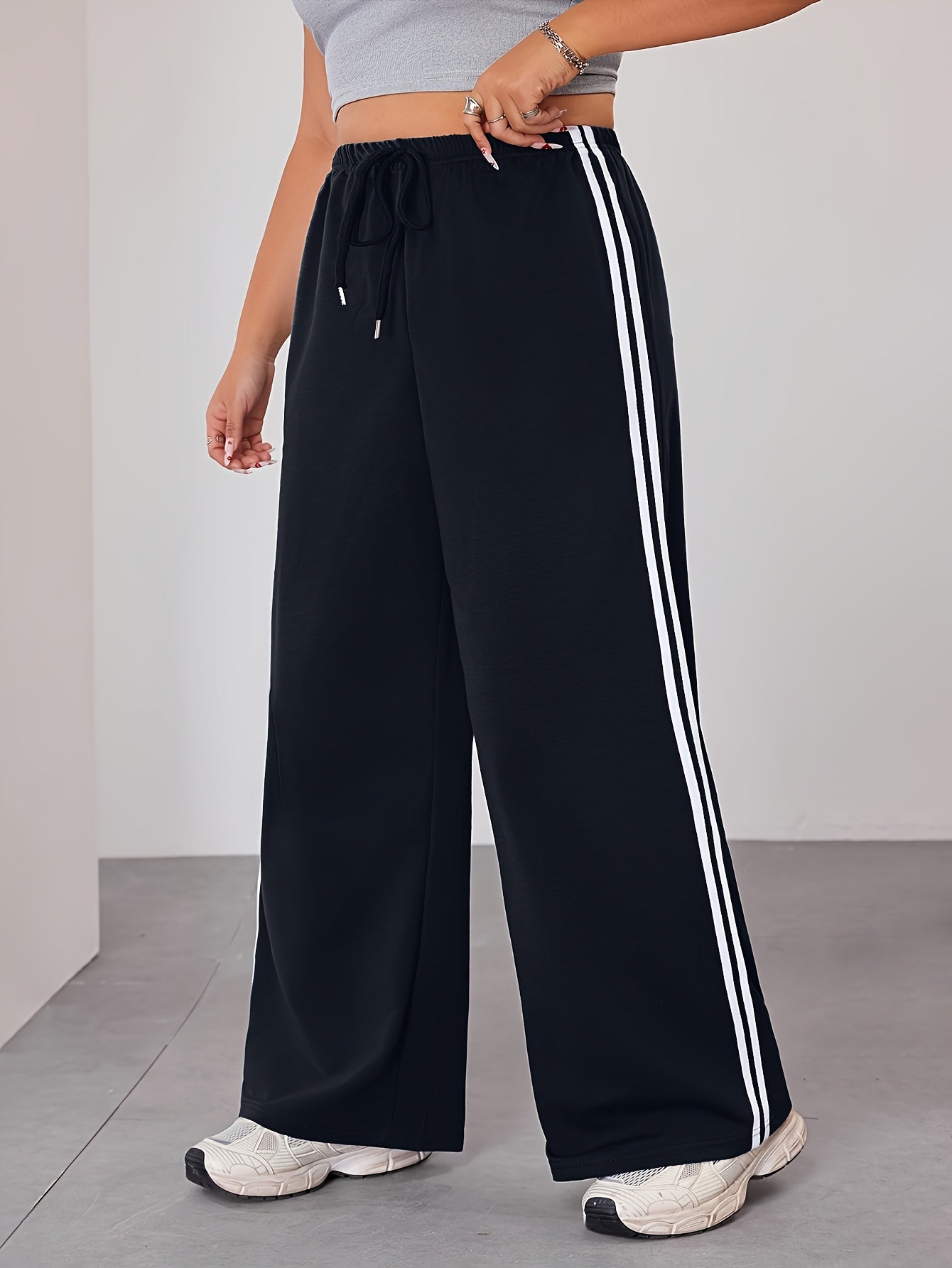 Plus Size Wide Leg Pants with Side Stripes