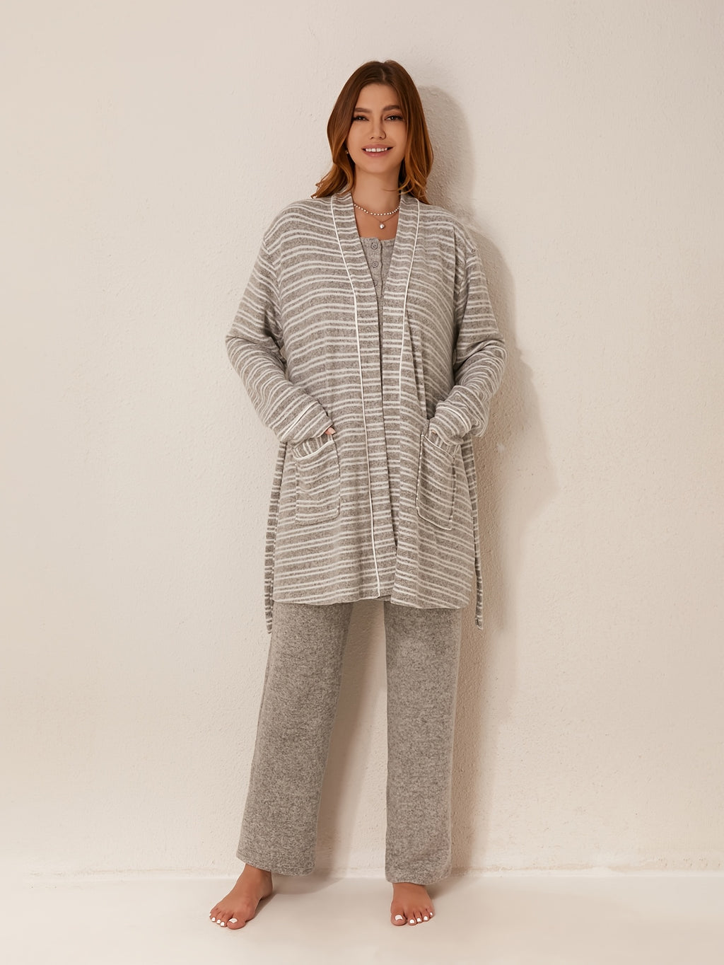 Women's 3pcs Winter Bathrobe Robe & Pants Suit Set