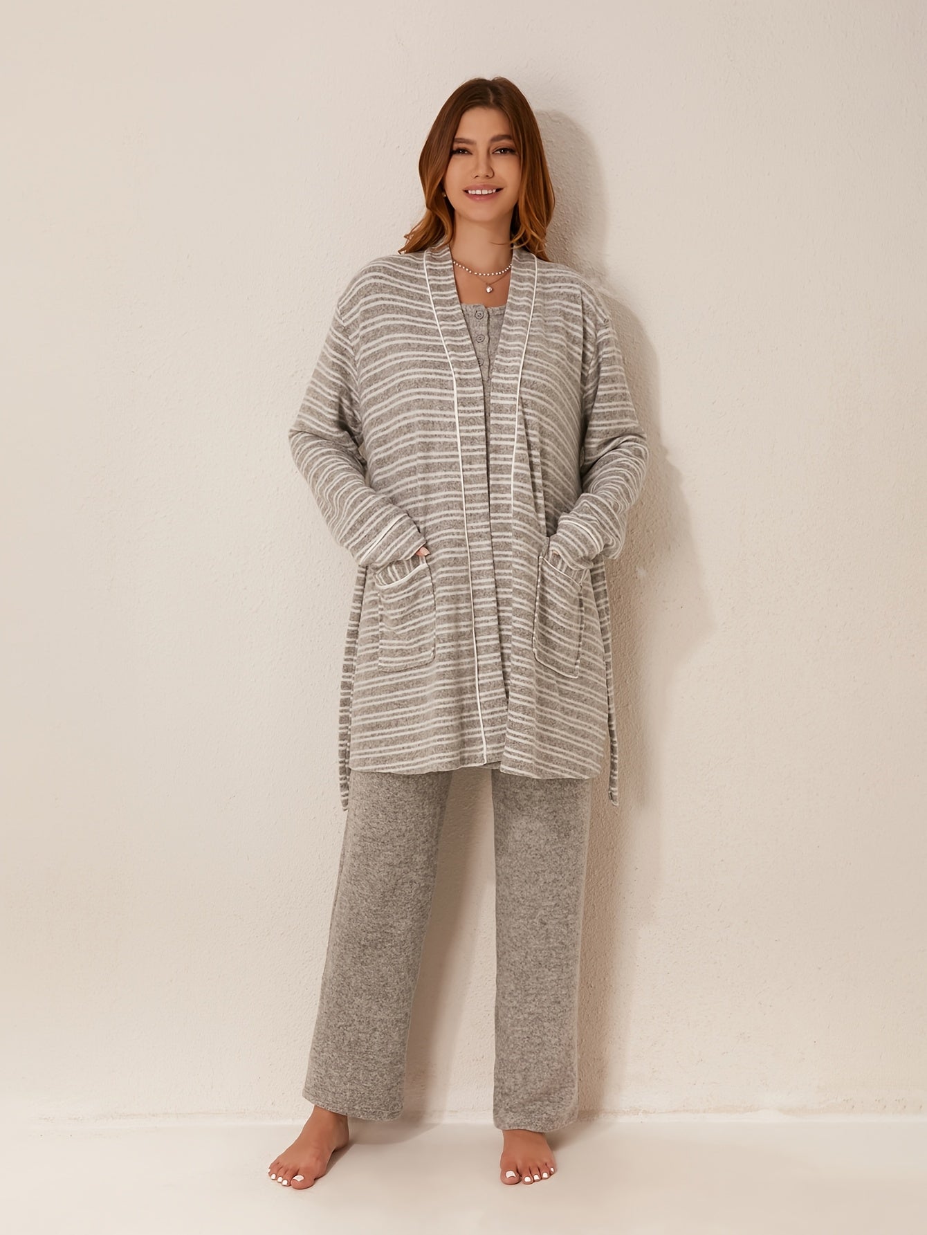 Women's 3pcs Winter Bathrobe Robe & Pants Suit Set