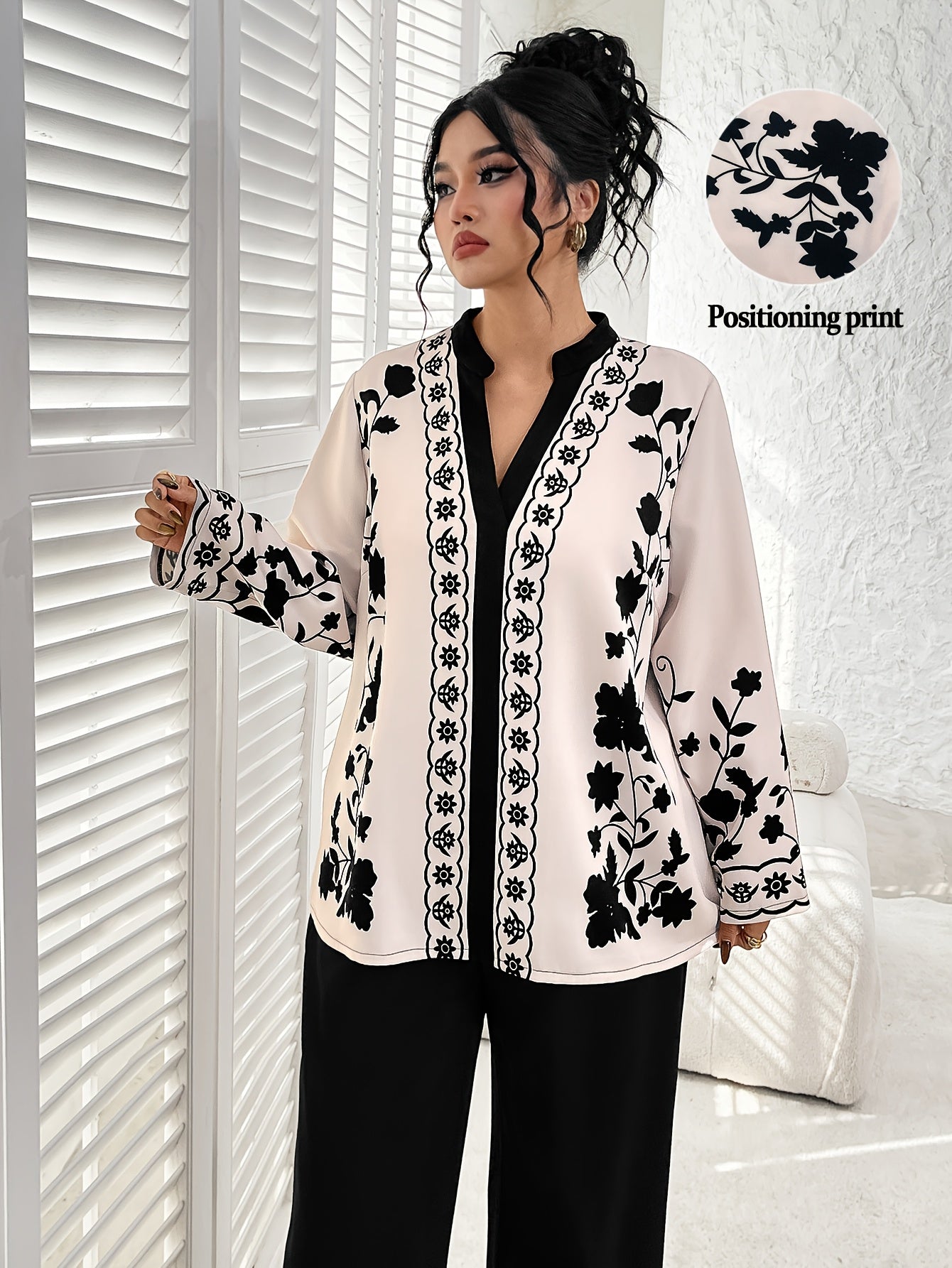 Plus Size - Elegant Floral Print Long Sleeve Blouse with Stand Collar