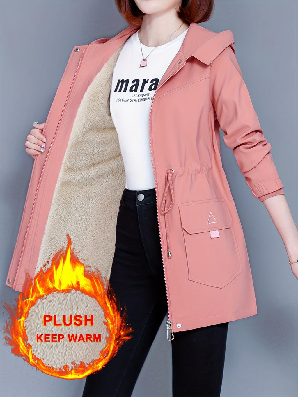 Kesixsty Women's Mid-Length Hooded Windbreaker Jacket with Plush Lining