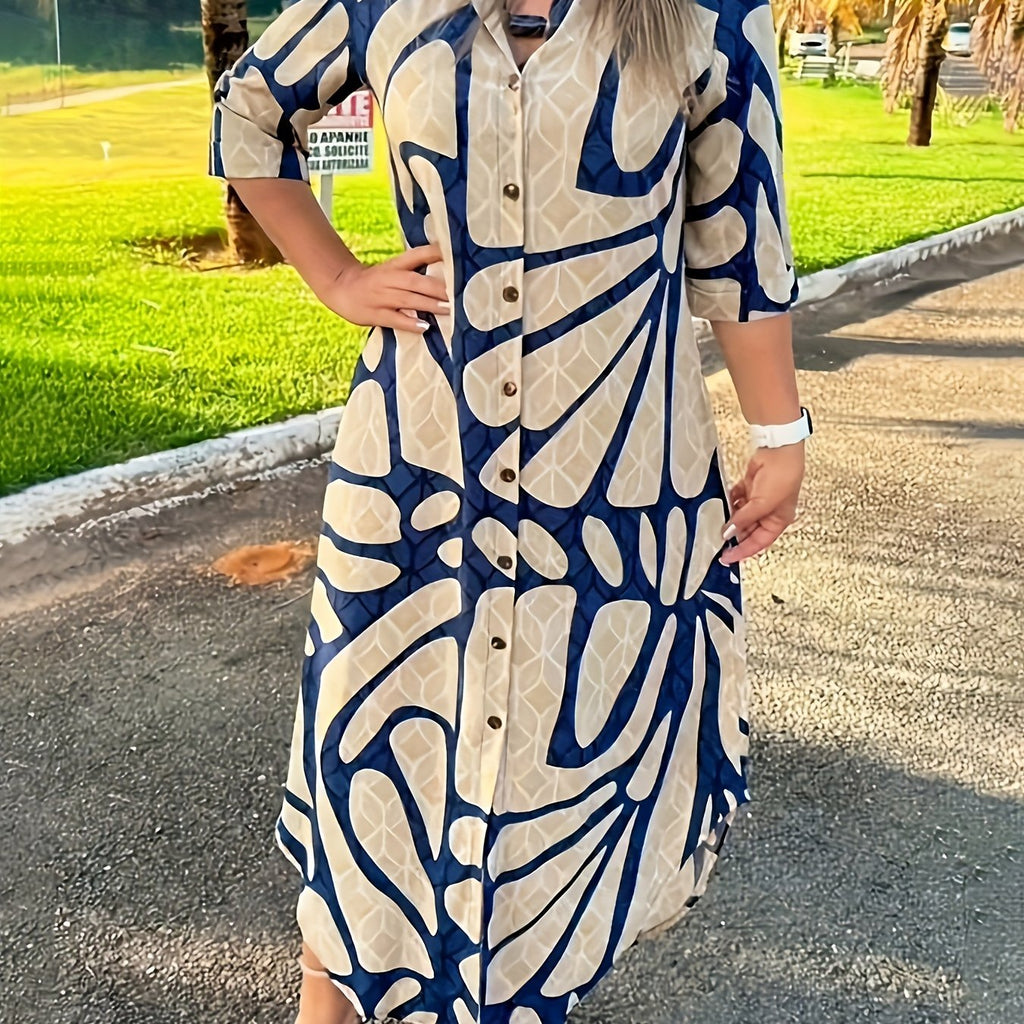 Allover Print Button Front Shirt Dress, Elegant Long Sleeve Loose Fit Dress