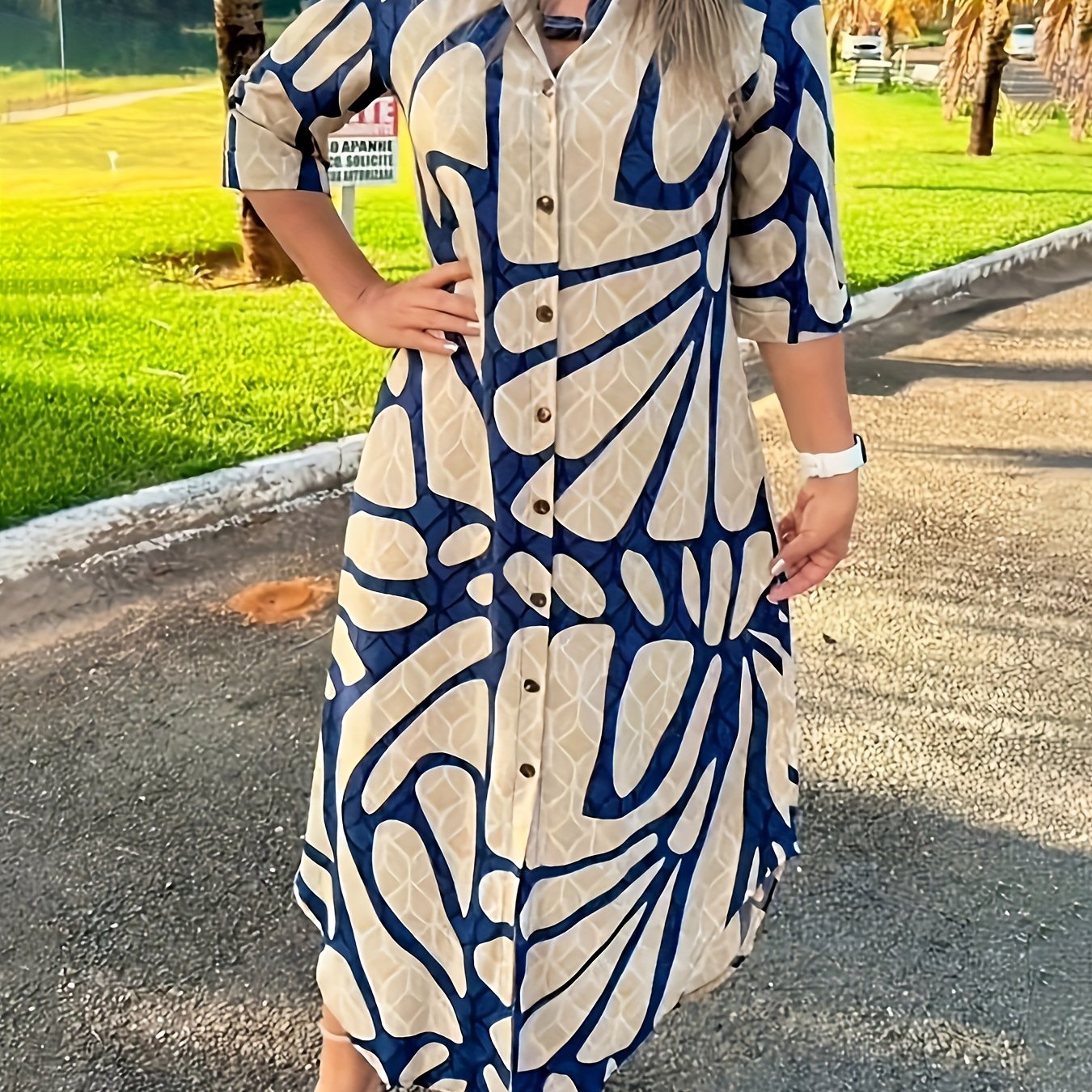 Allover Print Button Front Shirt Dress, Elegant Long Sleeve Loose Fit Dress