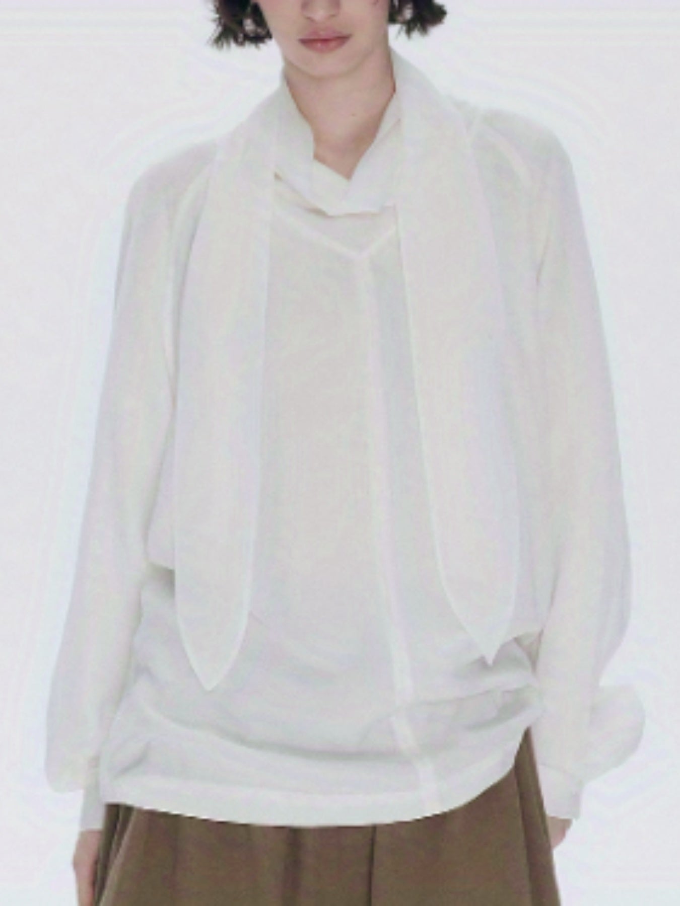 White Scarf Collar/Bow Tie Shirt - Long Sleeve Loose Fit Button- Blouse