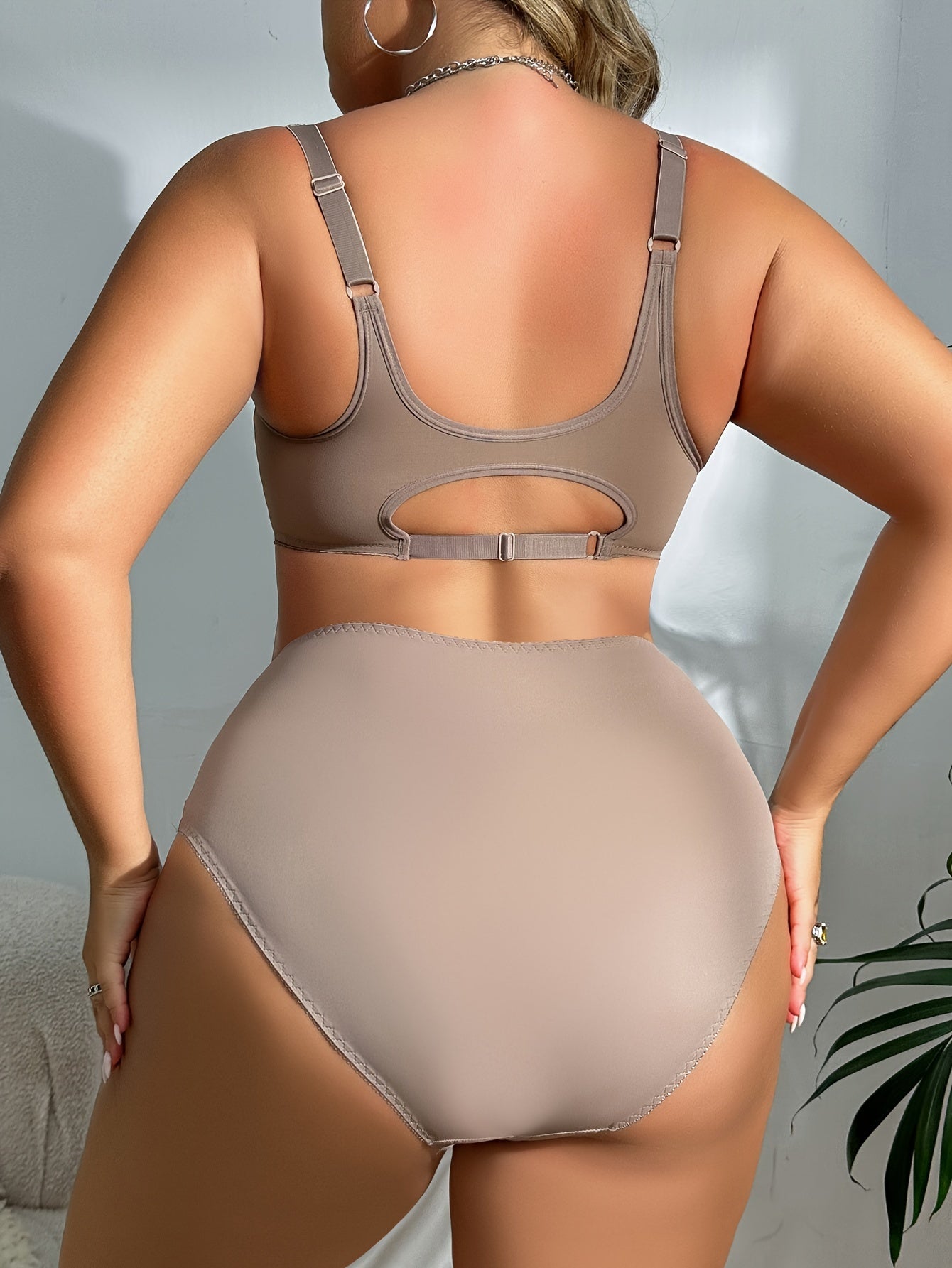 Plus Size Solid Color Non-Wired Front Opening Bra and Panty Set-2025#Set