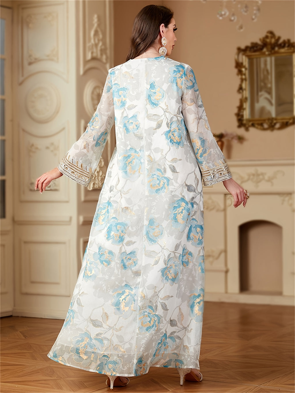 Floral Print Abaya Sequins Patchwork Loose Kaftan Elegant Dresses