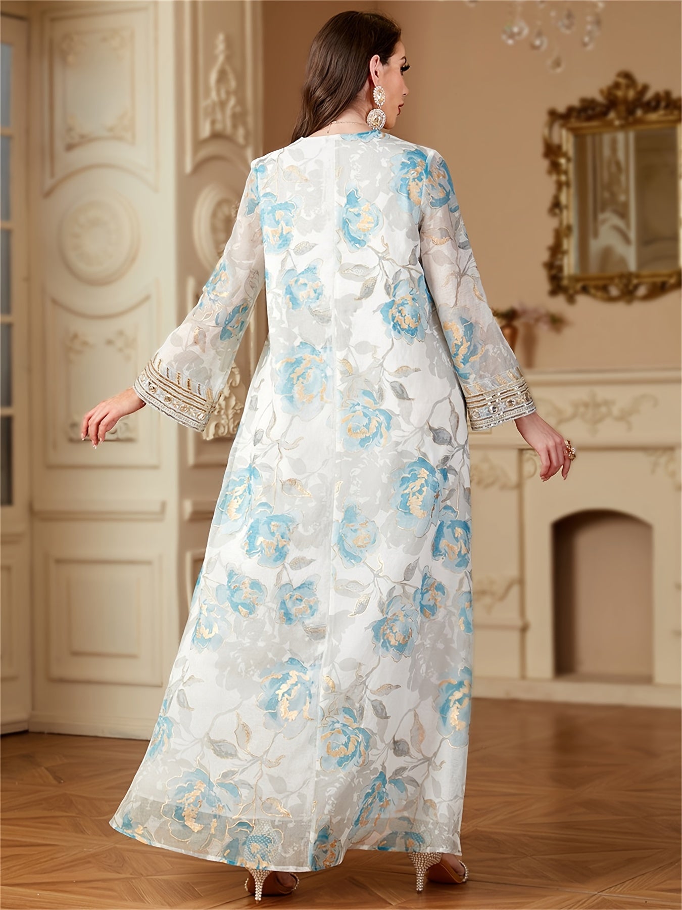 Floral Print Abaya Sequins Patchwork Loose Kaftan Elegant Dresses