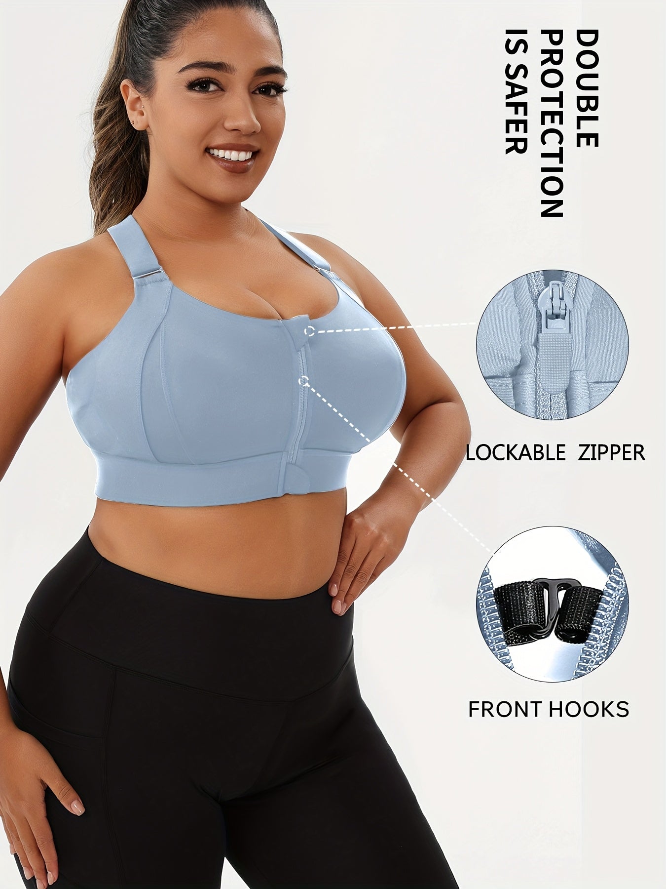 [Plus Size Sports Bra] High-Elasticity Plus Size Sports Bra | Women's Blue Bra with Zipper, Non-Removable Padding, Adjustable Shoulder Straps