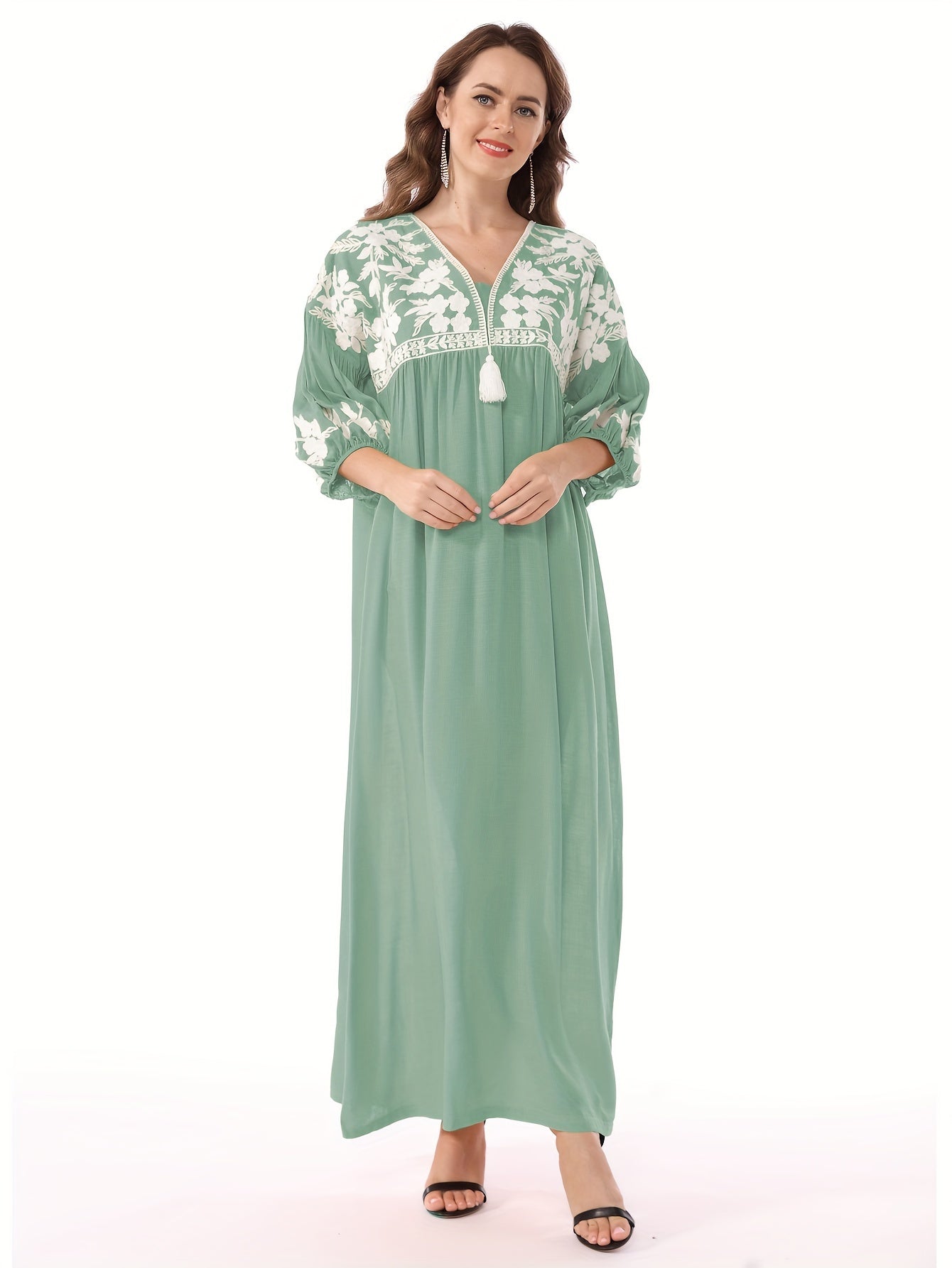 Women's White Floral Embroidery - Loose Fit, V-Neck, Half Sleeve, Non-Stretch Fabric