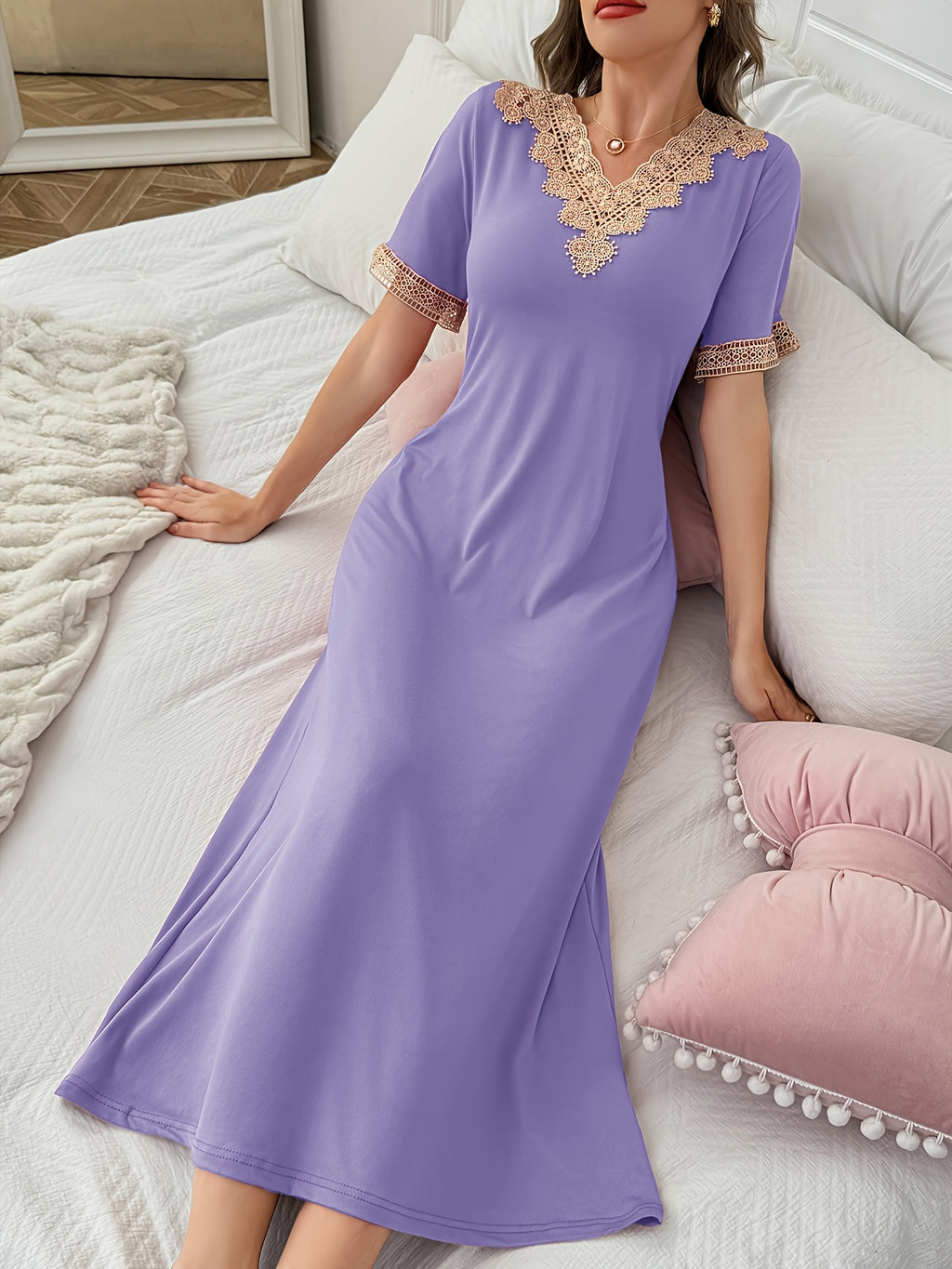 Long Contrast Lace Spliced Nightgown