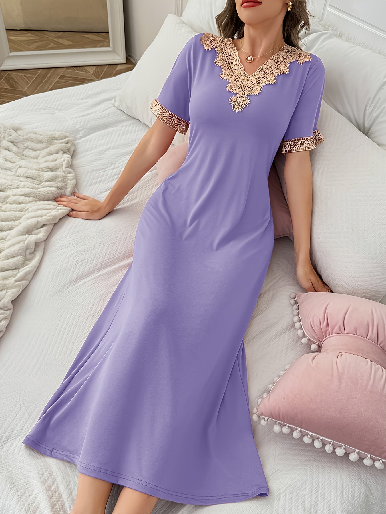 Long Contrast Lace Spliced Nightgown