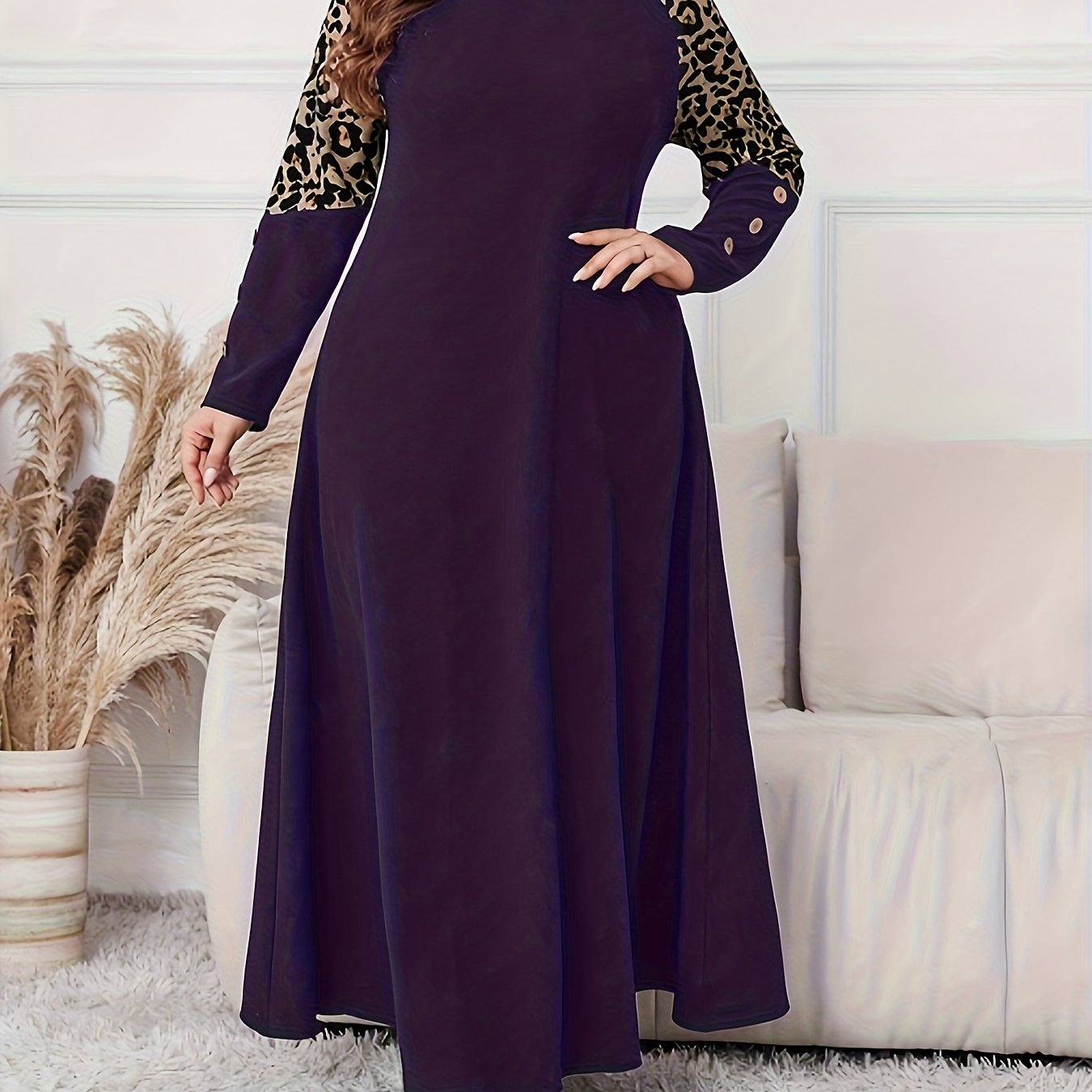 Women's Plus Size Elegant Leopard Print A-Line Maxi Dress with Swing Waist