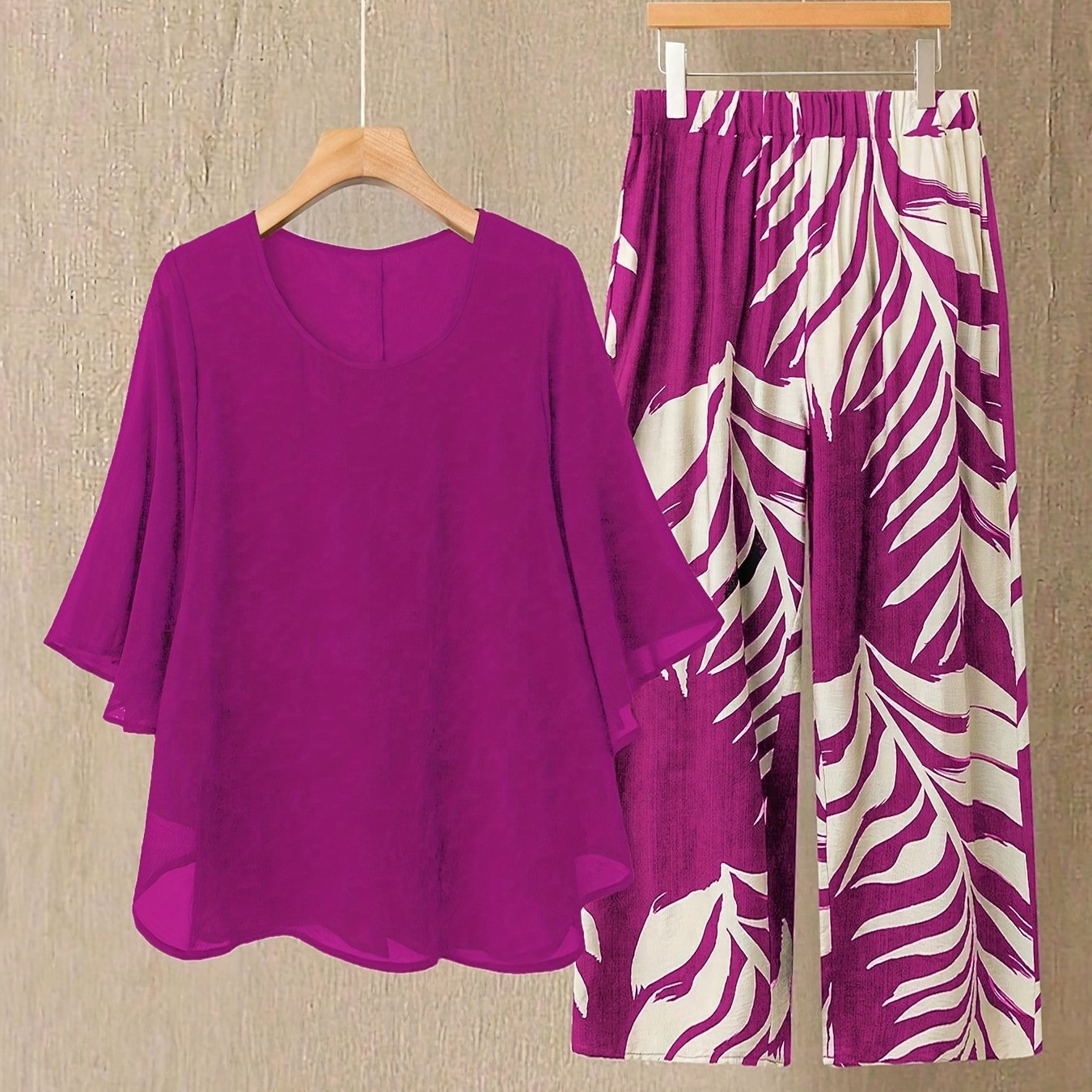 European and American Women's clothing: new round-neck chenille top with leaf print and long pants set