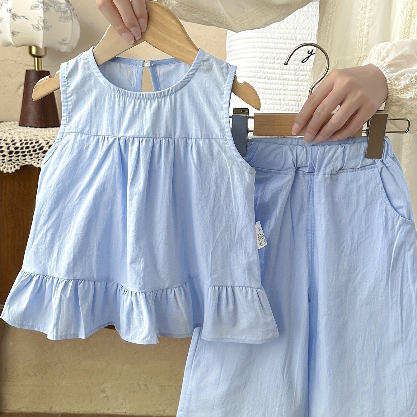 2pcs Wide Shoulder Dress and Shorts Set for Girls, Summer Lightweight Solid Color