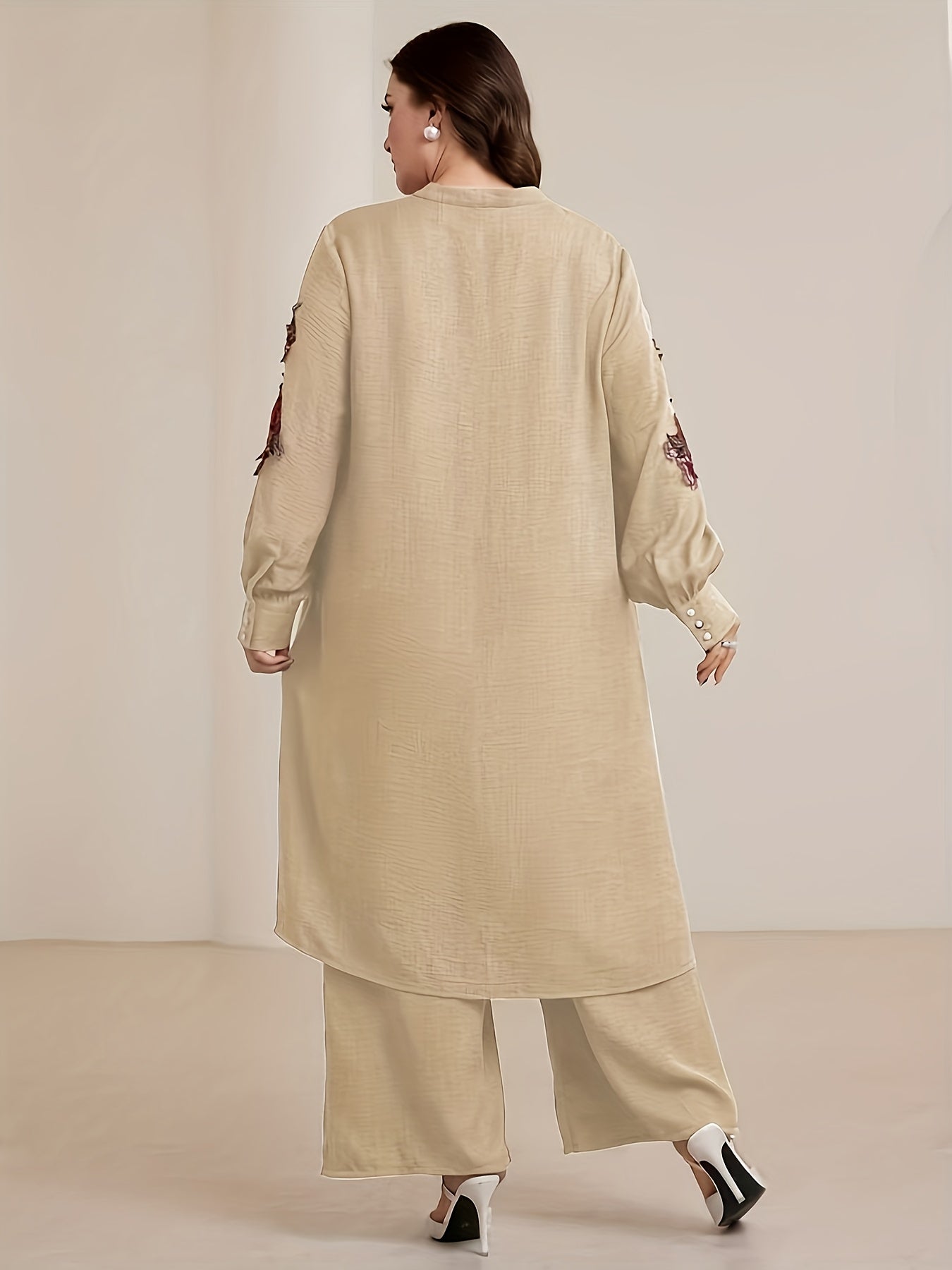 Plus Size Women's Elegant Embroidered V-Neck Long Sleeve Dress and Loose Pants Two-Piece Set