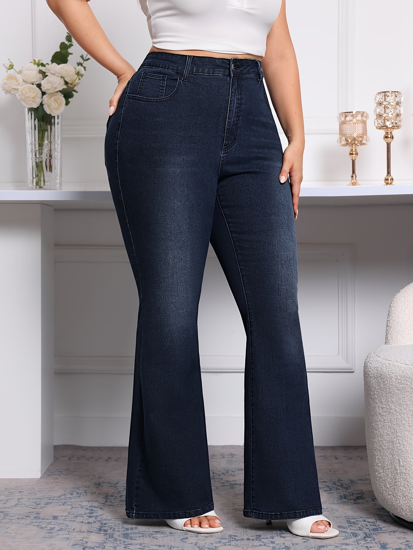 Flare Leg Plain Washed Casual Style Zipper Button Pants