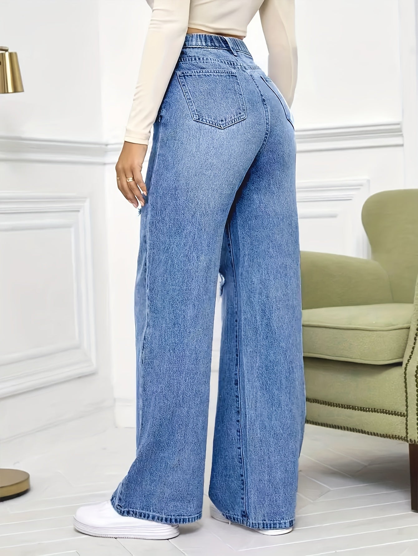 Women's Plus Size High-Waisted Stretch Pants with Distressed Knee Rips