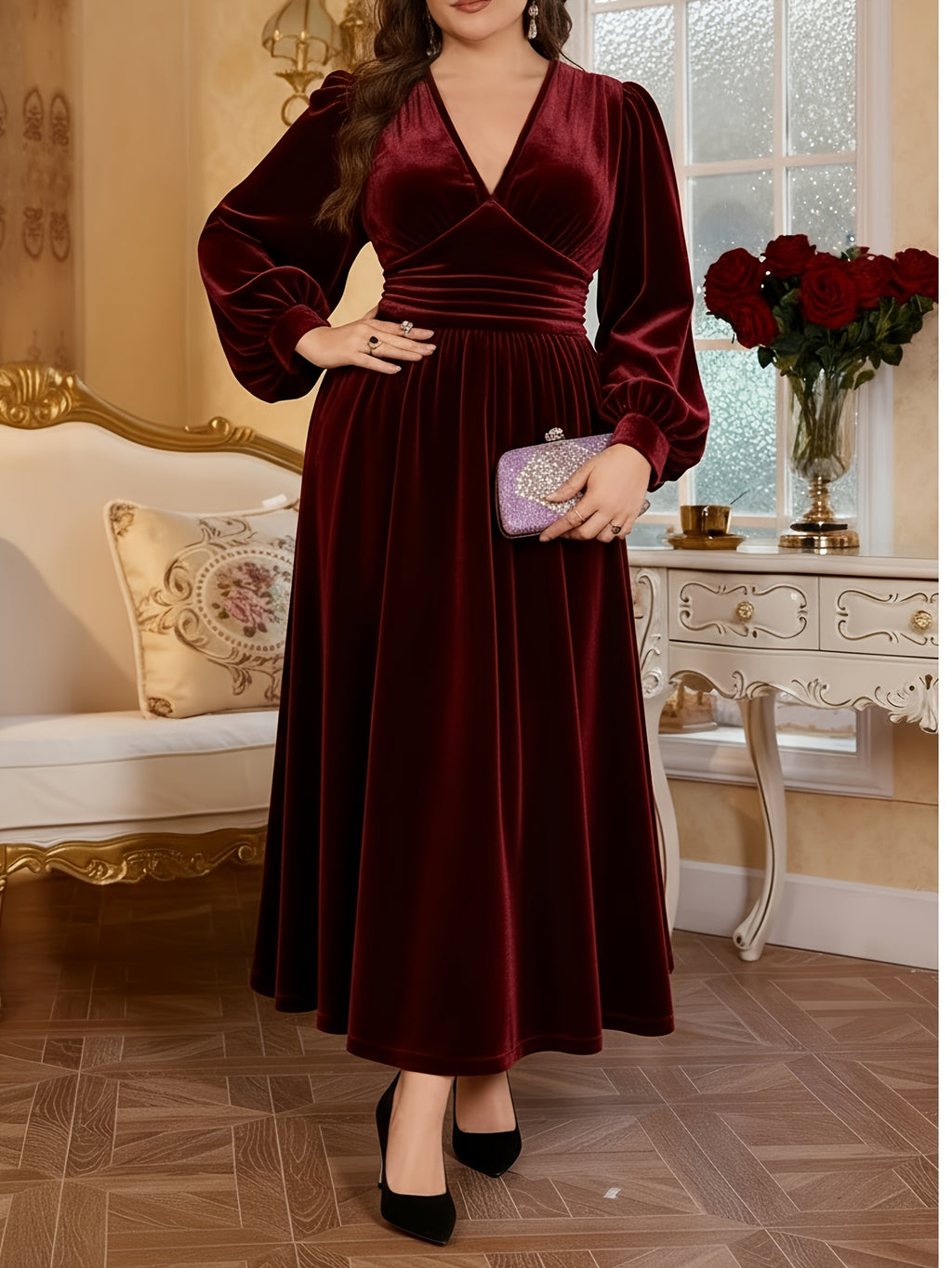 Women's Elegant Plus-Size Casual Velvet Dress for Christmas, Autumn, And Winter Warmth, Romantic Everyday Wear