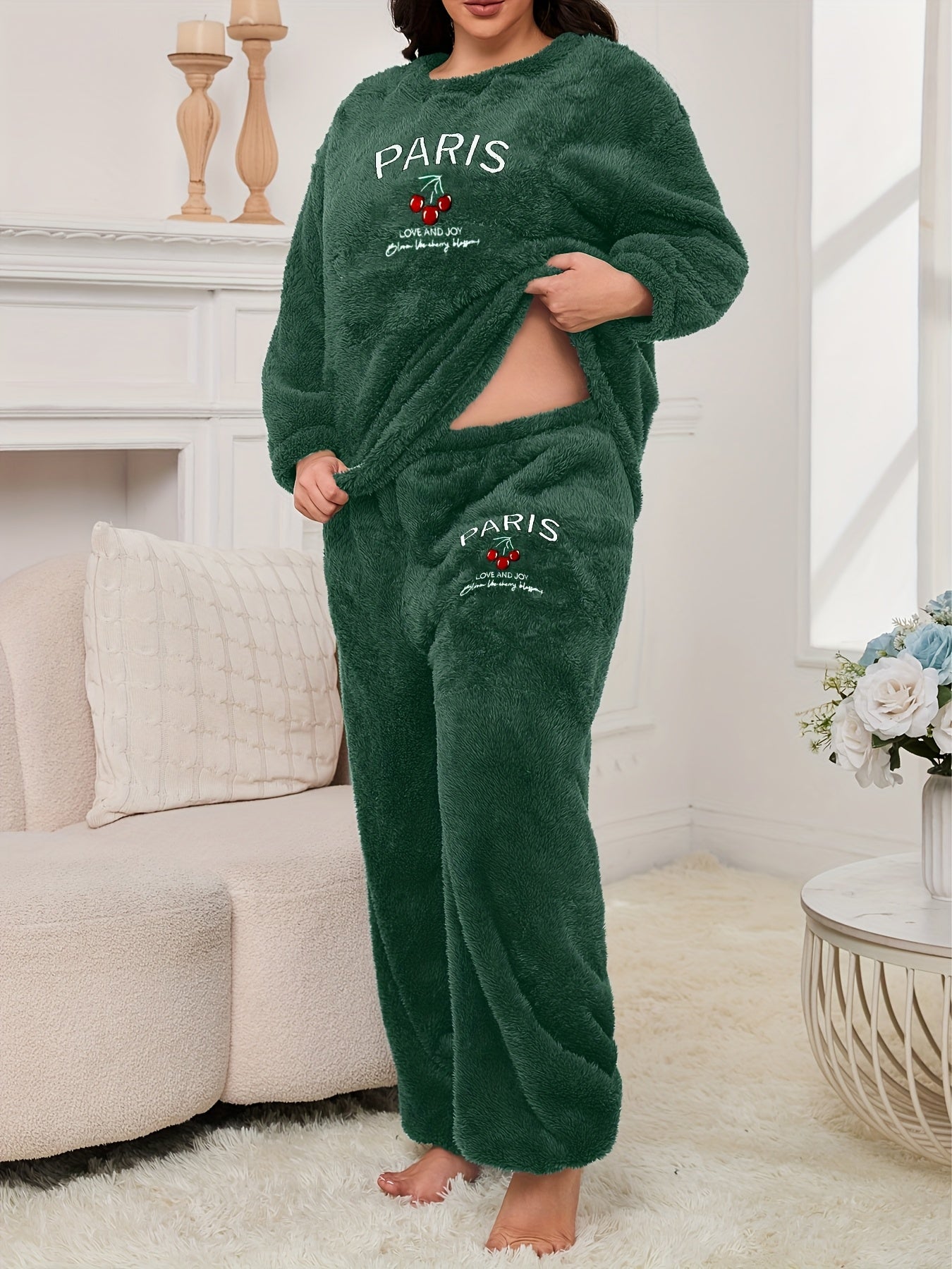 Women's Pajama Set with Letter and Cherry Print, Thickened Warm