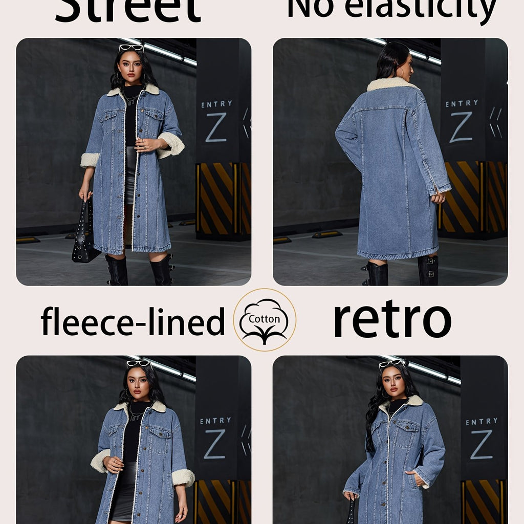 Women's Vintage Washed Denim Coat - Heavy-Duty Winter Collar Single-Breasted Knee-Length Jacket