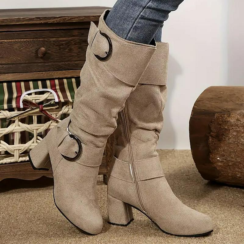 Women's Knee-High Boots - Mid Heel Platform with Zipper Closure