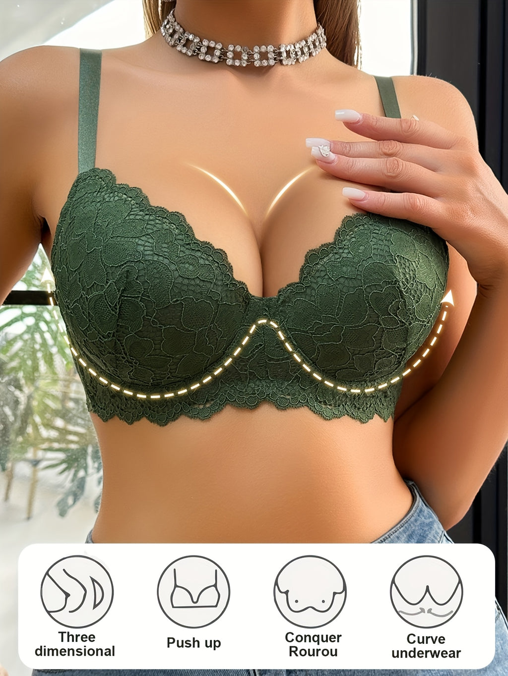 [Gentle Care] Sexy Green Lace Push-Up Bra for Women - Comfortable Underwire Support, Thin Cup Design, Elegant Lace Detailing, Non-Removable Pads, Hand Wash Only