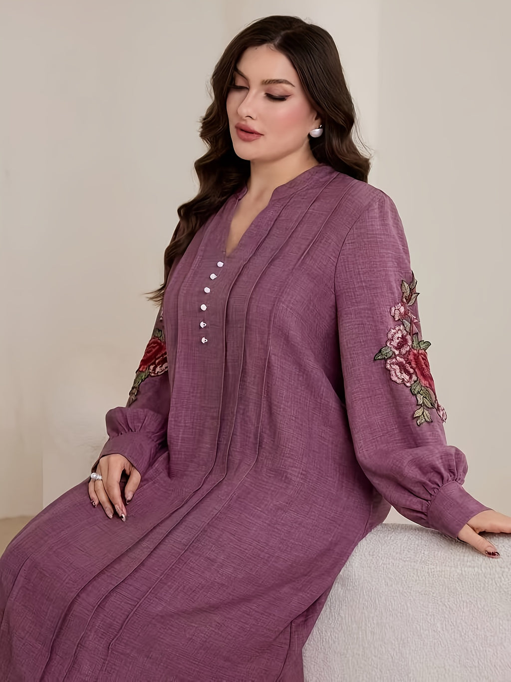 Plus Size Women's Elegant Embroidered V-Neck Long Sleeve Dress and Loose Pants Two-Piece Set