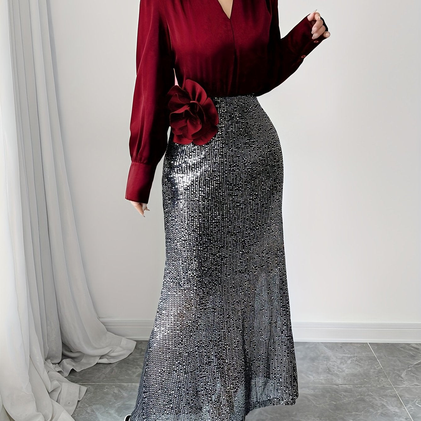 French Elegant V-Neck Sequin 3D Rose Dress - Sparkling Long Sleeve A-Line Evening Gown