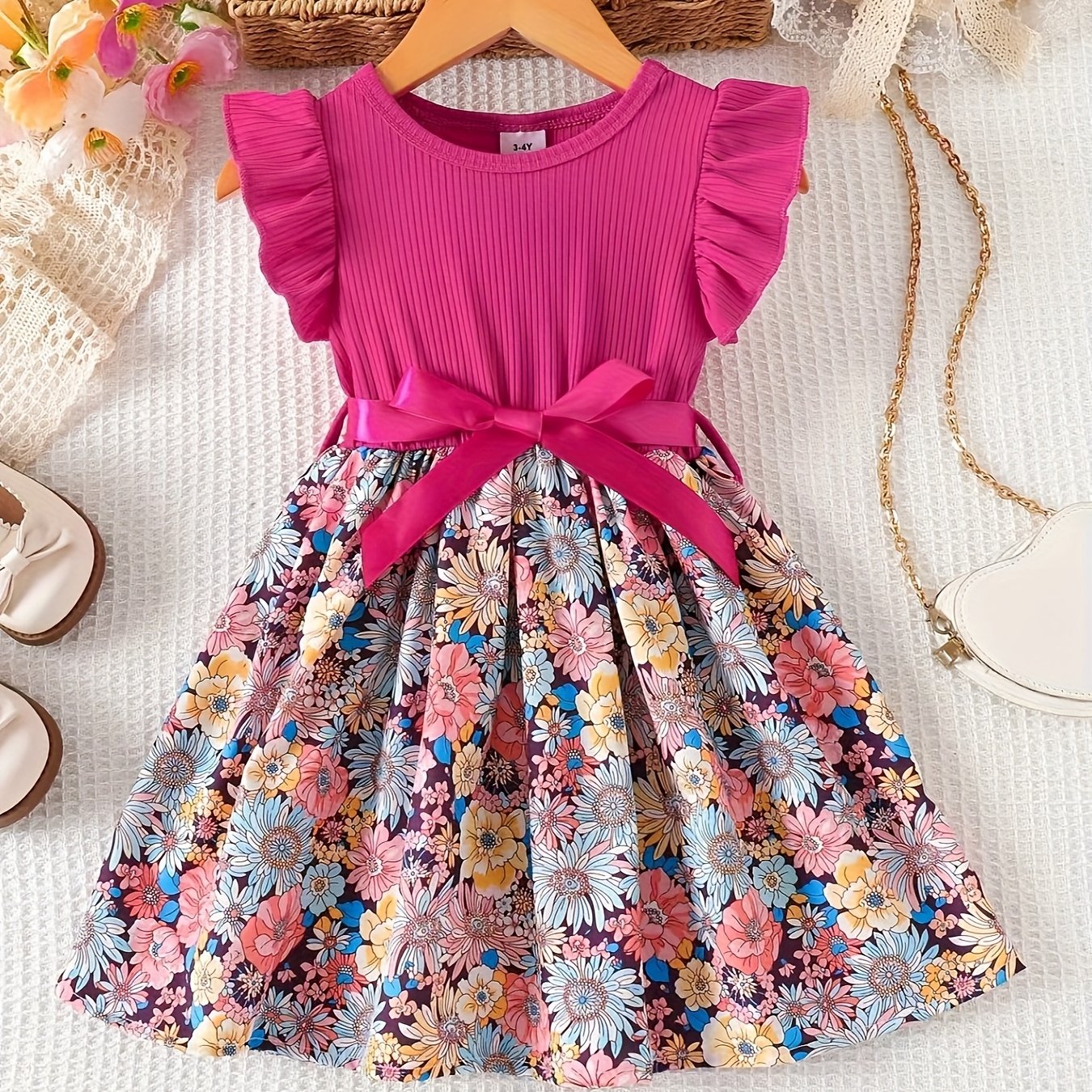 Girls' Floral Print Ruffled Sleeve Dress with Ribbon Belt