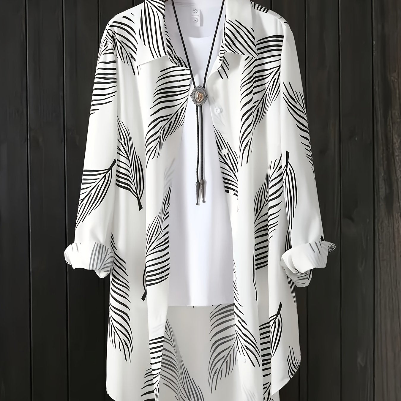 Women's Plus Size Elegant Leaf Print Button-Up Shirt with Asymmetrical Hem