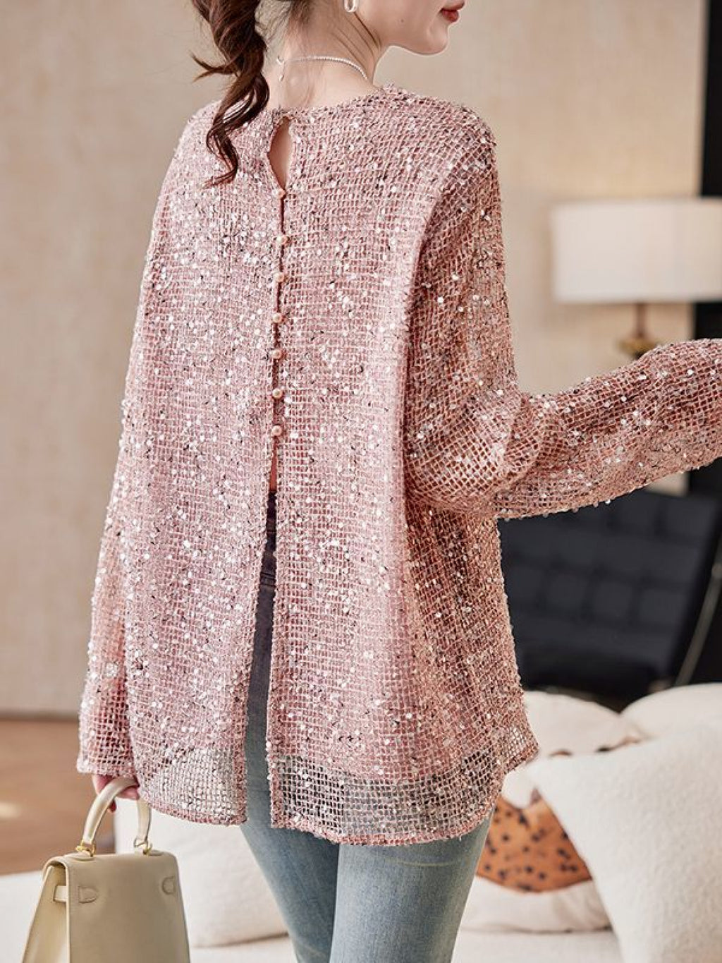 Women's Elegant Sequin Chiffon Blouse - Reversible Round Neck Top